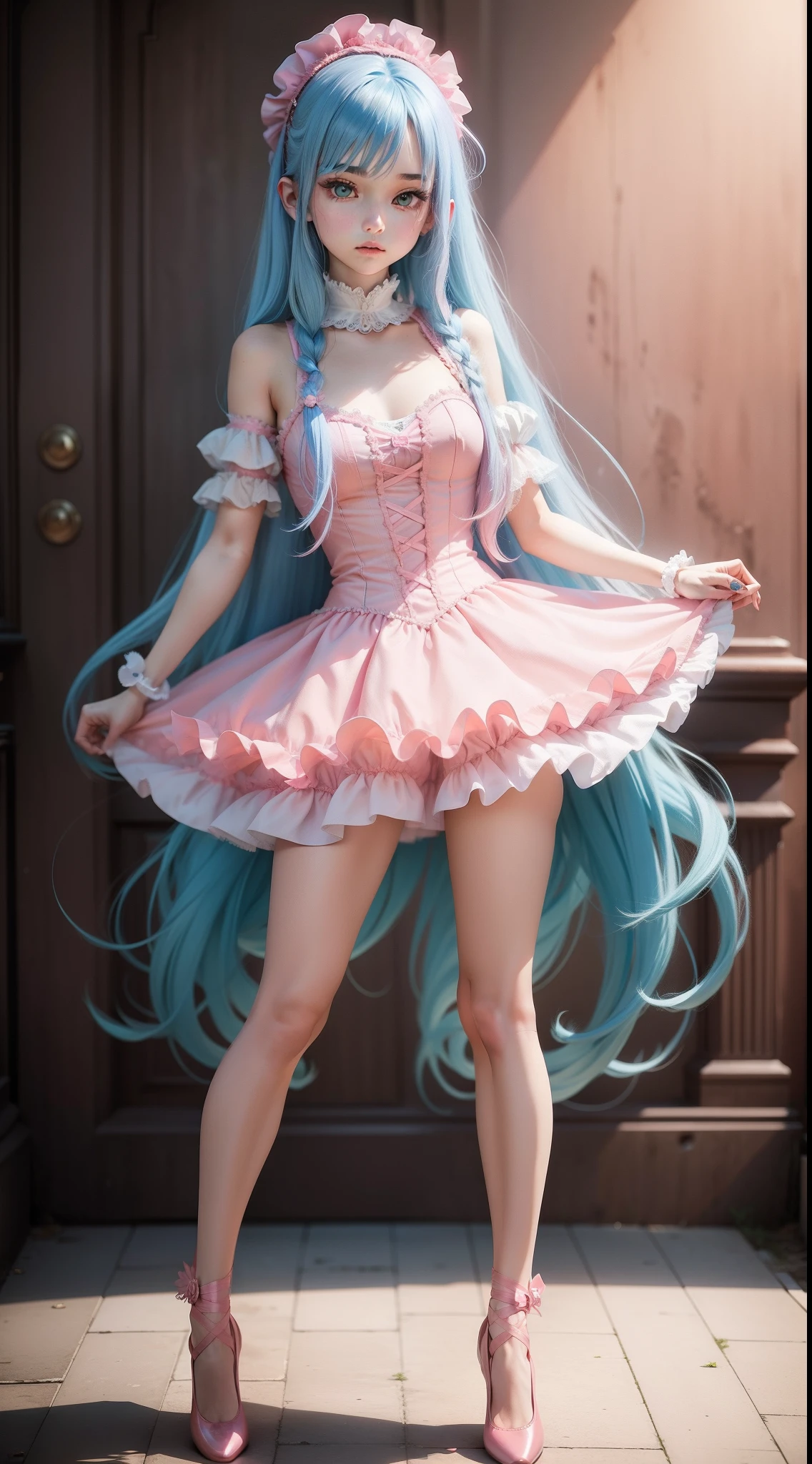 Emo girl with long blue hair in a fully pink ballerina outfit, full body