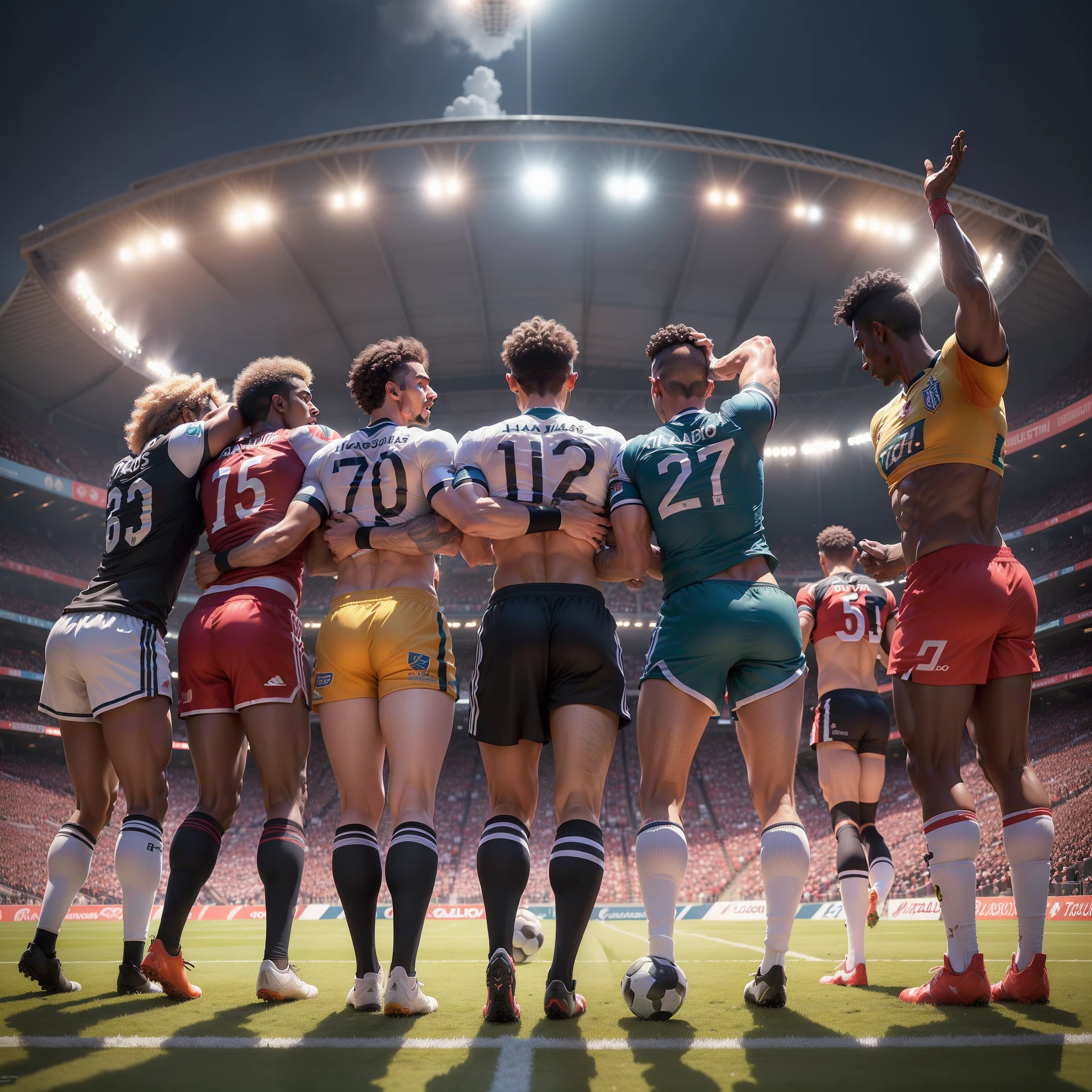 (((quatro jogadores habilidosos para o futebol))), A thrilling football game in a stadium full of spectators and spotlights, Passionate crowd, dazzling stadium spotlights, momento espetacular e eletrizante, atmosfera vibrante