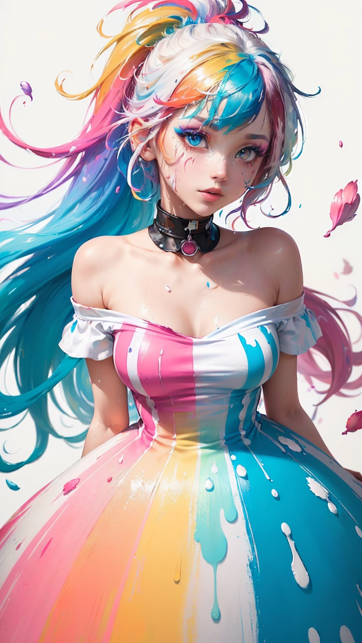 (Pink Fashion T-shirt:1.9),(Colorful hair: 1.8), (all the colours of the rainbow: 1.8),(((((vertical painting:1.6))), (painting:1.6),front, comics, illustrations, paintings, large eyes, crystal clear eyes,( rainbow color gradient high ponytail:1.7), exquisite makeup, closed mouth,(Small Fresh: 1.5),(Wipe Chest: 1.6) ,long eyelashes, white off shoulder T-shirt, White Shoulder Shirt,looking at the audience, large watery eyes, (rainbow colored hair:1.6), color splash, (solo:1.8), color splash, color explosion, thick paint style, messy lines, ((shining)),(colorful), (colorful), (colorful), colorful, Thick Paint Style, (Splash) (Color Splash), Vertical Painting, Upper Body, Paint Splash, Acrylic Pigment, Gradient, Paint, Highest Image Quality, Highest Quality, Masterpiece, Solo, Depth of Field, Face Paint, colorful clothes, (Elegant: 1.2), gorgeous,long hair, wind, (Elegant: 1.3), (Petals: 1.4),(((masterpiece))),(((best quality))),((ultra-detailed)),(illustration),(dynamic angle),((floating)),(paint),((disheveled hair)),(solo),(1girl) , (((detailed anima face))),((beautiful detailed face)),collar,bare shoulders,white hair, ((colorful hair)),((streaked hair)),beautiful detailed eyes,(Gradient color eyes),(((colorful eyes))),(((colorful background))),(((high saturation))),(((surrounded by colorful splashes))),