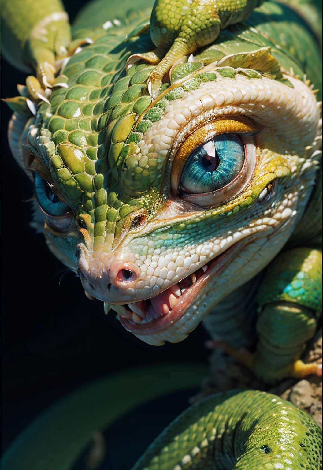 ​masterpiece、top-quality、top-quality、Illustration style、(Closeup photo of artistic colorful gecko with diamond eyes in the dark)、ighly detailed、colorful 、highestdetailed,  colorful skin