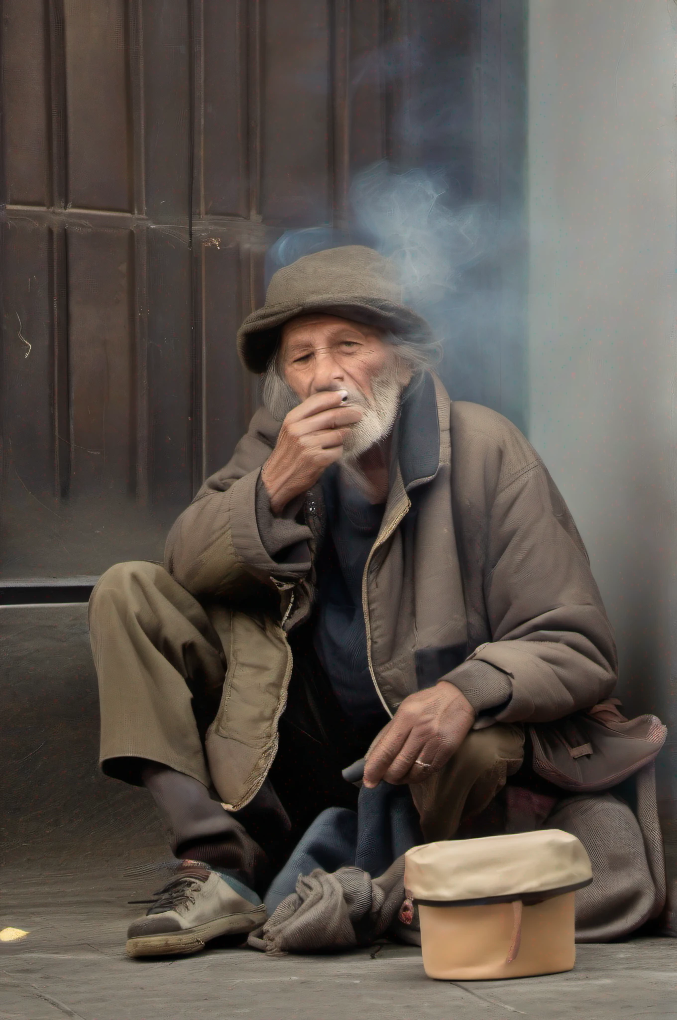 old homeless man smoke