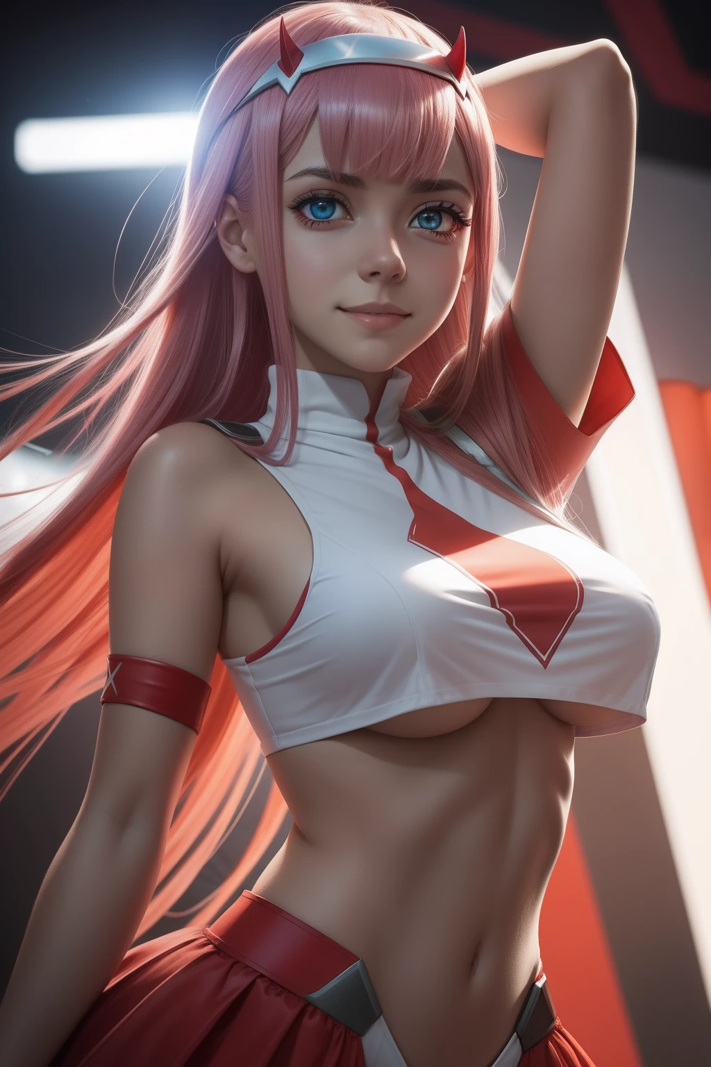 ((Zero Two Darling en el Franxx)), 8k, Obra maestra, Smile at the camera, La mejor calidad, fotorrealista, Ultra detallado, 1 girl, textura realista de la piel, senos grandes, Mira hacia el espectador, , Camiseta suelta de medio corte,, Underboobs, debajo de los senos, Micro mini falda, , movie lighting, Enfoque facial, Ojos finos, Cara detallada, Cara bien iluminada, Rayos de sol, Bailar en un ambiente ciberpunk, Low-angle shot, Vista desde abajo