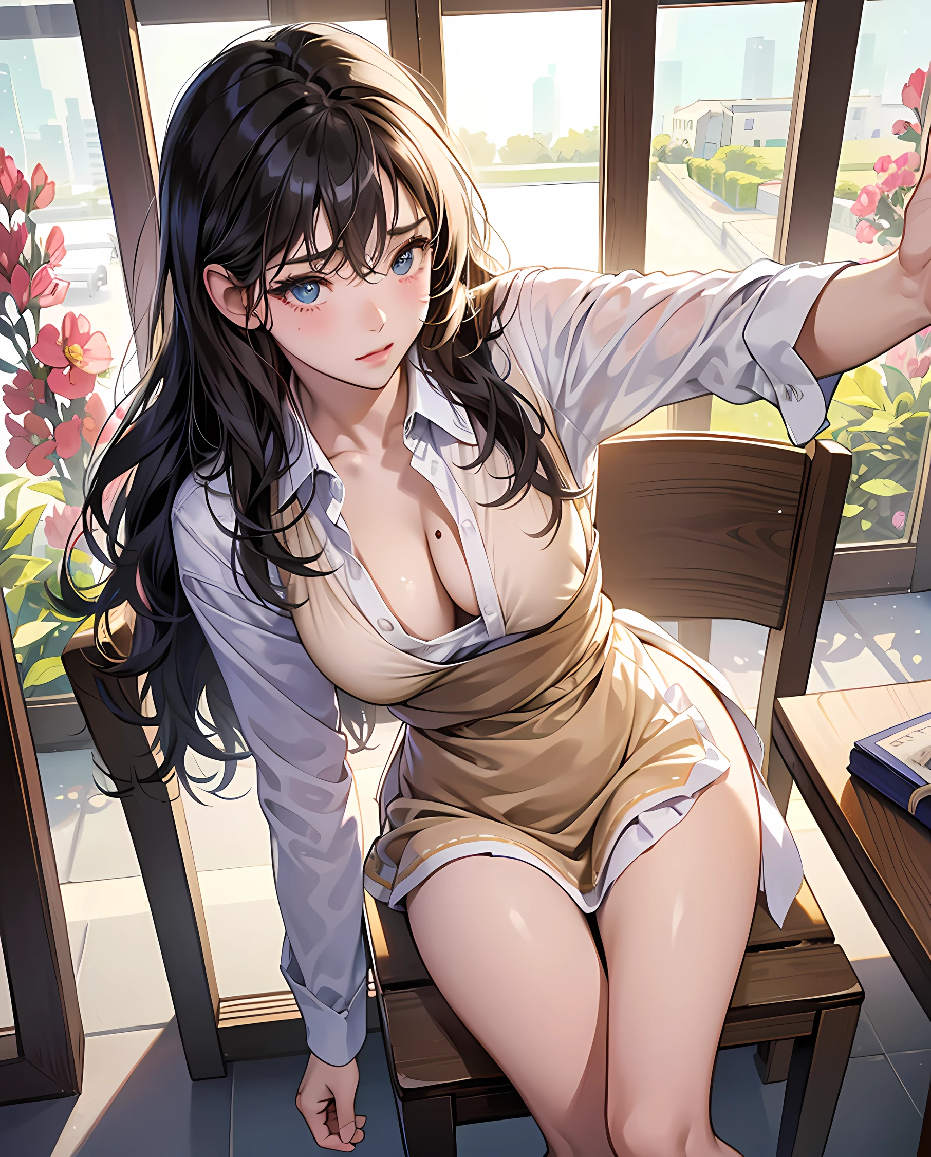 anime characters in school uniforms posing for a picture, Ecchi, oppai, Ecchi style, Ecchi anime style, visual novel cg, a hyperrealistic schoolgirl, sakimichan, Realistic Schoolgirl, sakimichan hdri, Gapmoe Yandere, Realistic Young Gravure Idol, anime cover, a hyperrealistic schoolgirl, Seifuku, oppai proportions, (hyperrealistic), (illustration), (high resolution), (8K), (extremely detailed), (best illustration), (beautiful detailed eyes), (best quality), (super detailed), (masterpiece), (wallpaper), (detailed face), solo, (dynamic pose), 1 girl, white wavy hair on the chair, korean, heterochromic eyes, small moles under the eyes, ((short apron)), medium breasts, long legs, tightens abs, (camel toes), (no panties), (no bra)