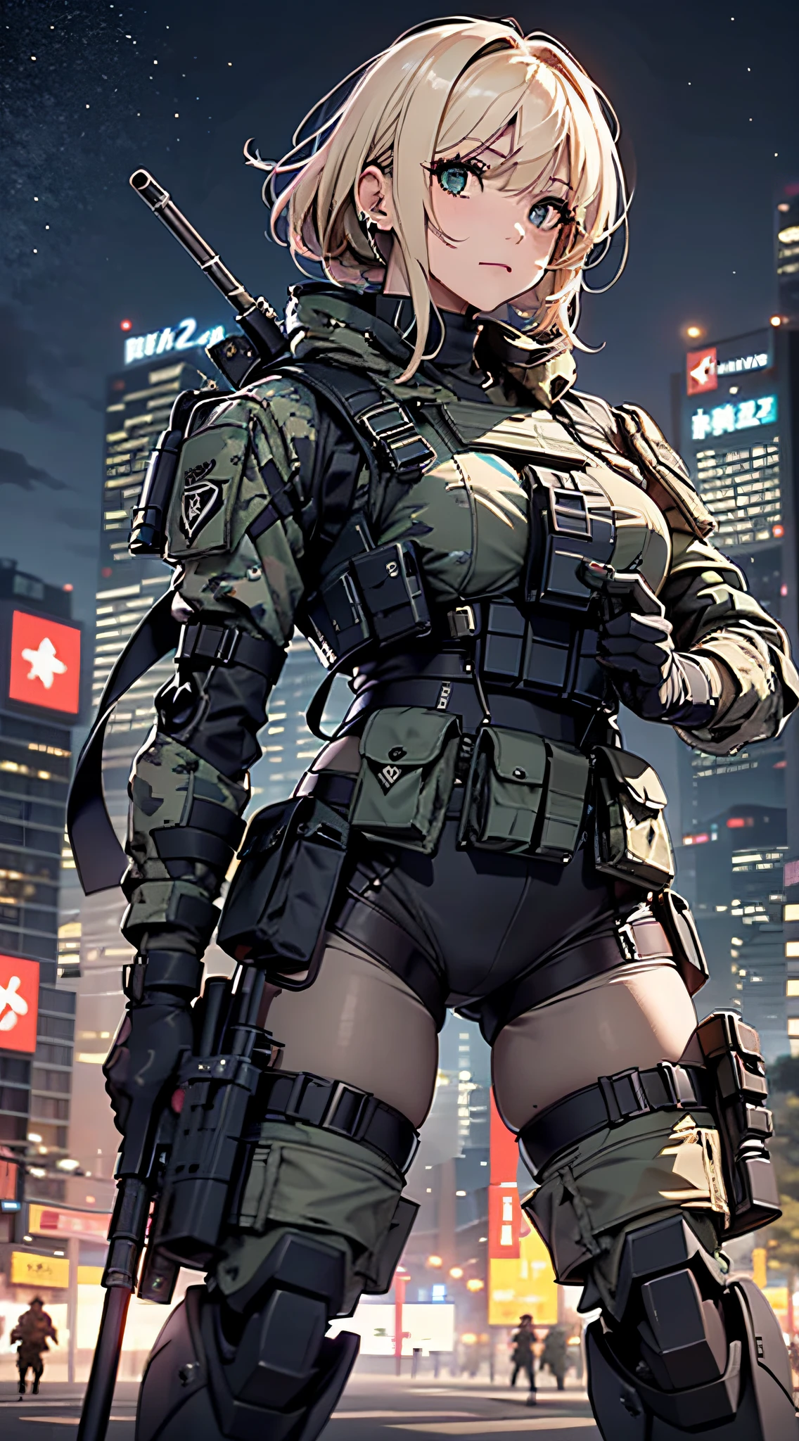 {{master part, Qualidade Superior, CG altamente detalhado, 16k, Movie Lighting, ReFlexo da lente}}, (1 girl soldier shooting a huge military robot with a large riFle), (UniForme de combate preto), wide view, corpo grosso, Fotorrealismo: 1.4, longos cabelos loiros, olhos verdes, have several weapons, aiming accuracy 1.4, Arma antitanque, luz direta, sobre escombros, 35mm proFundidade de campo, F/1.8, Filmagens noturnas, (((Special Forces SWAT in Shinjuku Combat at Night)), (Sniping com um riFle grande), de lado, HDR, hiper detalhado, Wreckage of giant robots, (lente grande angular), Post-findings