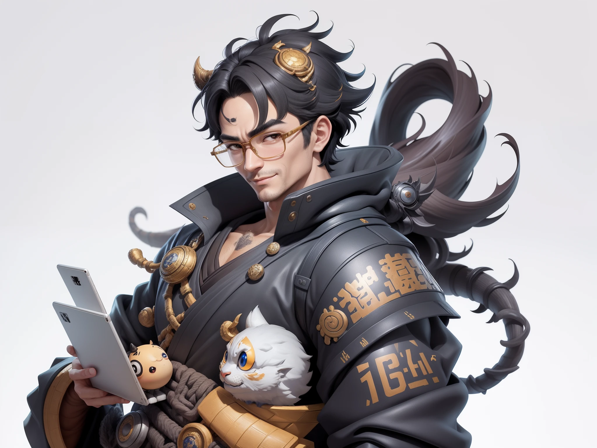 (Masterpiece), (Excellent), (Super Meticulous), (Full Body: 1.2), Super Young Man with Japanese Female Geisha, Pretty, Beautiful, Chinese Dragon, Tiger, Wind God Thor, Sexy, Bursting, Oriental Face, TV Anchor, Bust Portrait Illustration, Black Suit, Blue Tie, Slightly Chubby Face, Silver Glasses, Very Clean Face, No Beard on Chin, Black Super Short Hair, Black Eyes, Confident Smile, 3c Computer Sub-Products, iPad, iPhone, Digital Painting, 3D character design by Mark Clairedon and Pixar and Hayao Miyazaki and Akira Toriyama, the illustrations are HD illustrations in 4K resolution with highly detailed facial features and cartoon-style visuals.