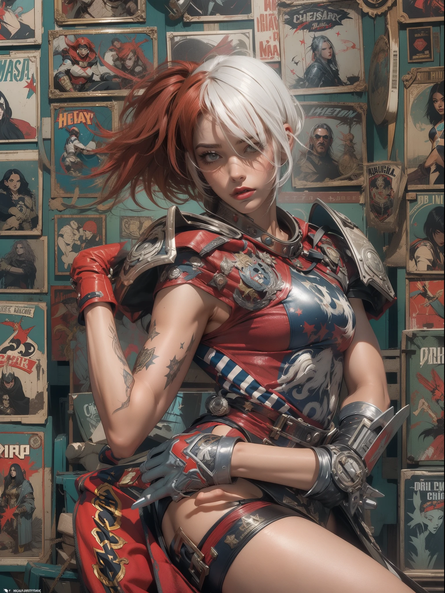 (((mulher))), (((melhor qualidade))), (((obra prima))), (((adulto))), (((1girl))), ((( corte de cabelo bob ))), Uma gladiadora cyberpunk mulher de 25 anos com corpo perfeito, shoulder pads with metal spines, Gladiadores do Brooklyn, (( corte de cabelo bob )), tiny leather panties, camiseta de time de rugby rasgada, quase nua no estilo selvagem urbano de Simon Bisley para a capa da revista Heavy Metal, Cabelo loiro curto, Minimum clothing, Metal protection on the left arm with intricate graphics, Dark red with white stars and white and navy blue checkerboard pattern, armadura, cheio de pontas e rebites, (((do joelho pra cima))), cabelos loiro branco curto, no fundo uma parede pintada por Shepard Fairey com um design intrincado