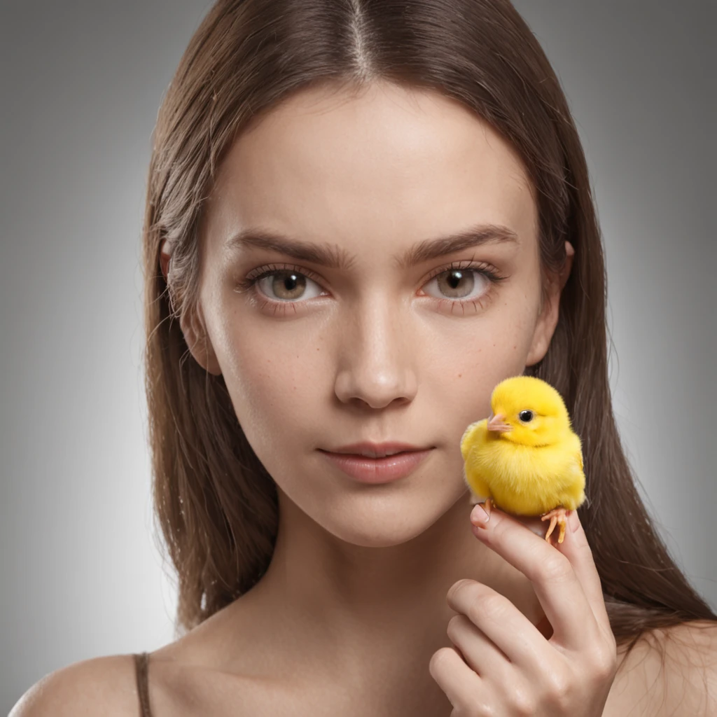 Por favor, crie uma imagem que retrate uma cena dentro de um quarto bem iluminado, where a young woman of 20 years is gently holding a small yellow chick in her hand, with a jaw-dropping expression and wide eyes of much surprise on his face. The image should be of ultra-high quality (8k) para capturar todos os detalhes e ser uma verdadeira obra-prima (1.2 of artistic quality). The representation should be realistic and photo-realistic (1.37) para dar vida aos elementos, enfatizando o tamanho pequeno e a cor amarela vibrante do pintinho. I want the image to be ultra-detailed to highlight each feature.

Na cena, The young woman will be standing in the room, with an expression of genuine surprise, letting his jaw drop and his eyes widen as he holds the adorable yellow chick in his hand. The soft and diffuse lighting in the room will enhance both the woman and the chick. I would like the atmosphere to convey a sense of wonder and excitement.

The young woman will have a realistic representation, with detailed facial features that express their shock. Your eyes will be wide open and expressive, conveying the intense emotion she's feeling as she holds the little chick. She will wear comfortable clothes suitable for the home environment. Your hair will be short and stylized in a subtle way. The representation of the young woman will be full-body, emphasizing every detail in a natural and artistic way.