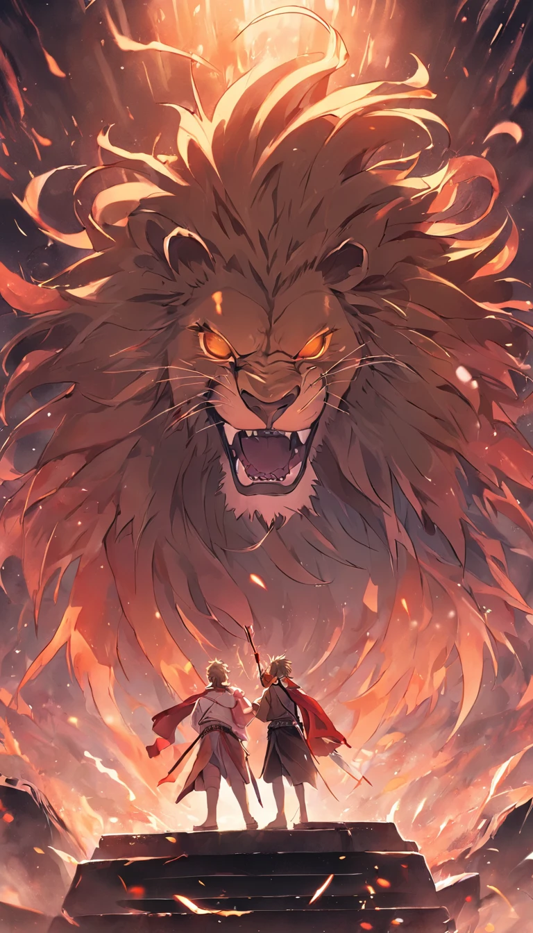 Lion head background，Two men face each other with daggers in their hands，daggers