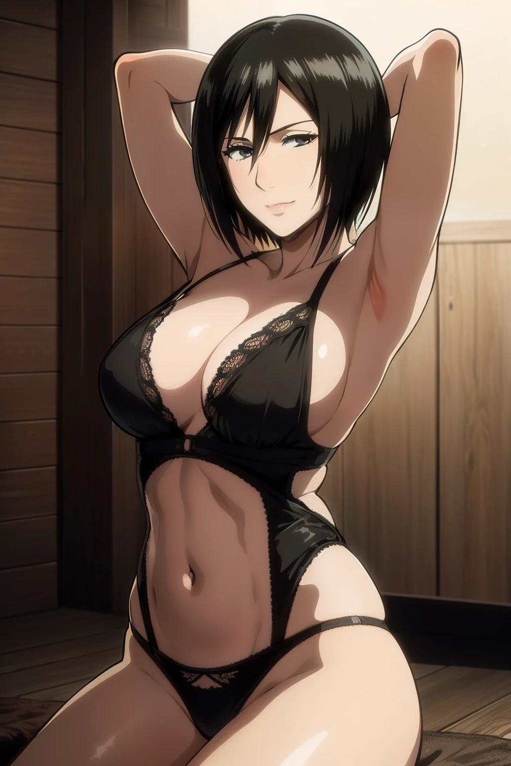 Dazzling, Armpits, intricate detailes, 1girl in, Mikasa Ackerman, (A dark-haired:1.3), hair between eye, short-haired, sideburns, s lips, shut, Yui, s lips, ​masterpiece, best qualtiy,  hason, Baezon, Black eyes,Black eyes, muscle, medium breasts, smil、Black underwear、Lace underwear、Erotic lace underwear