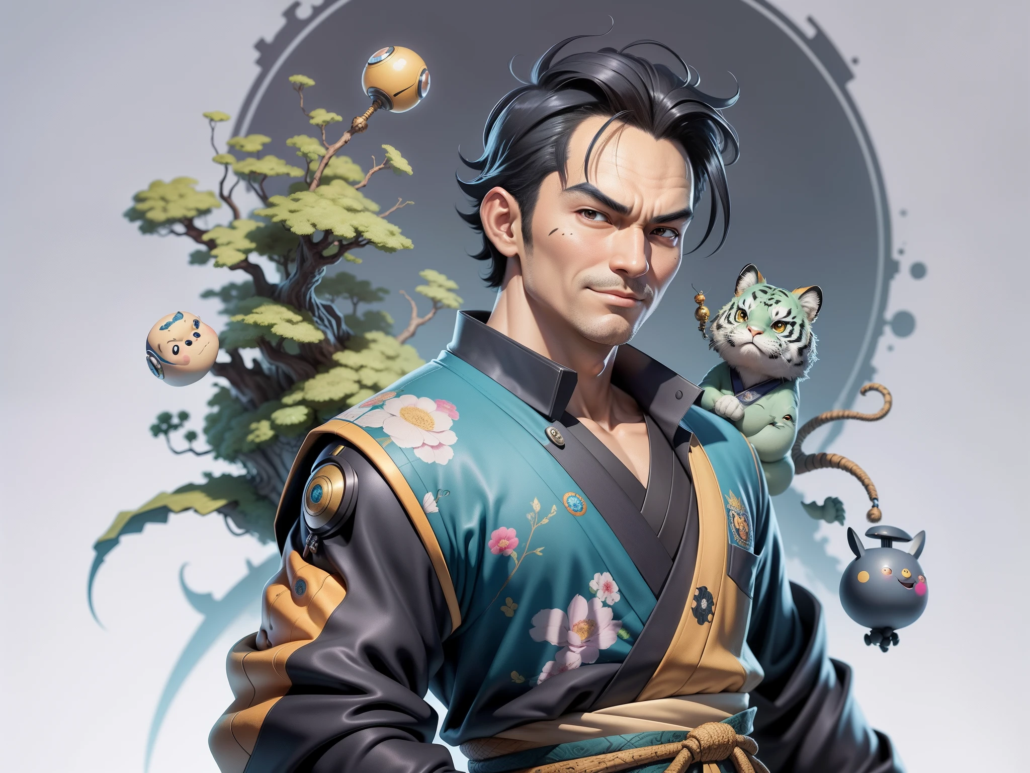 (Masterpiece), (Excellent), (Super Meticulous), (Full Body: 1.2), Super Young Man, Oriental Face, Japanese Kimono, Japanese Wind Thunder God, Dragon, Tiger, TV Anchor, Bust Portrait Illustration, Alone, Black Suit, Blue Tie, Slightly Chubby Face, Very Clean Face, No Beard, Black Super Short Hair, Black Eyes, Confident Smile, 3c Computer Sub-Products, iPad, iPhone, Digital Painting, 3D Character Design by Akira Toriyama and Mark Claireden and Pixar and Hayao Miyazaki, The illustration is a high-definition illustration in 4K resolution with very detailed facial features and cartoon-style visuals.