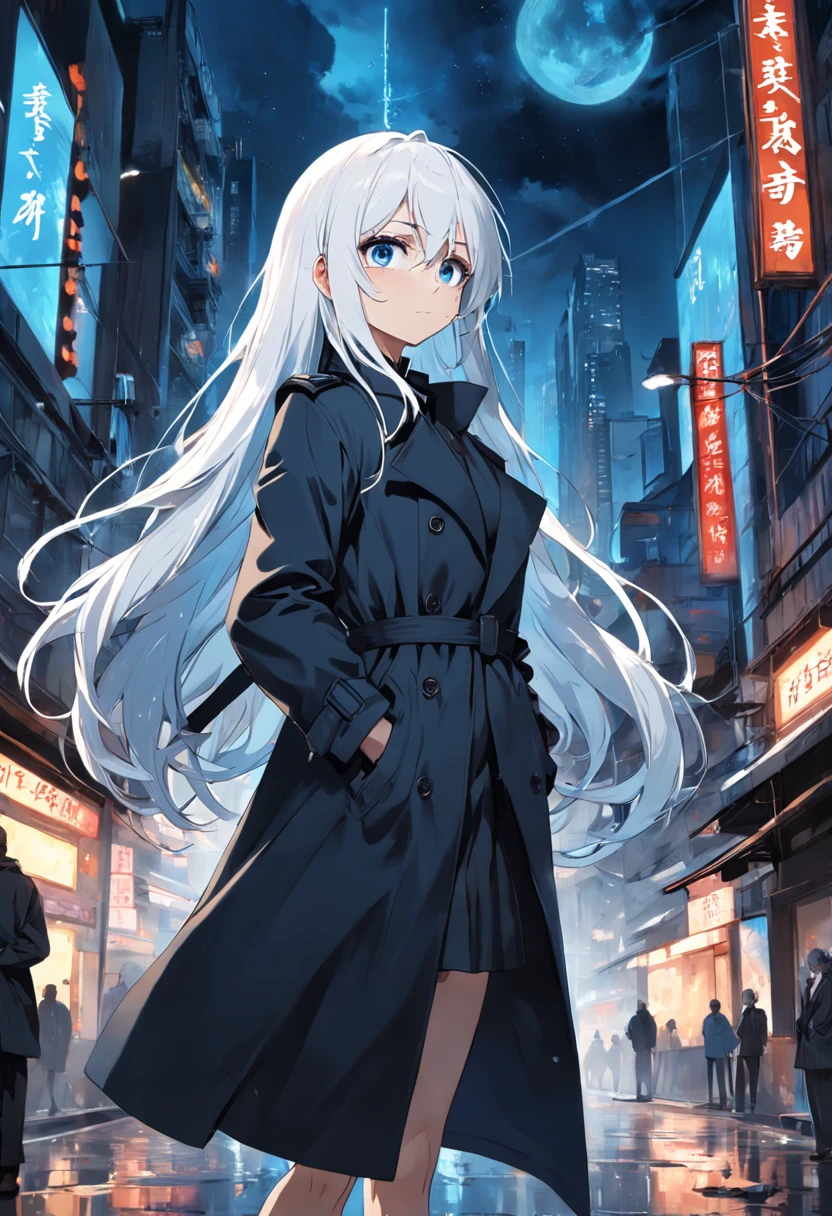 a black trench coat，long  white hair，blue color eyes，hands crossed，Stand on a tall building