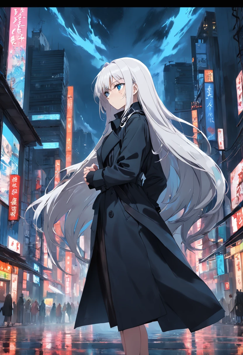 a black trench coat，long  white hair，blue color eyes，hands crossed，Stand on a tall building