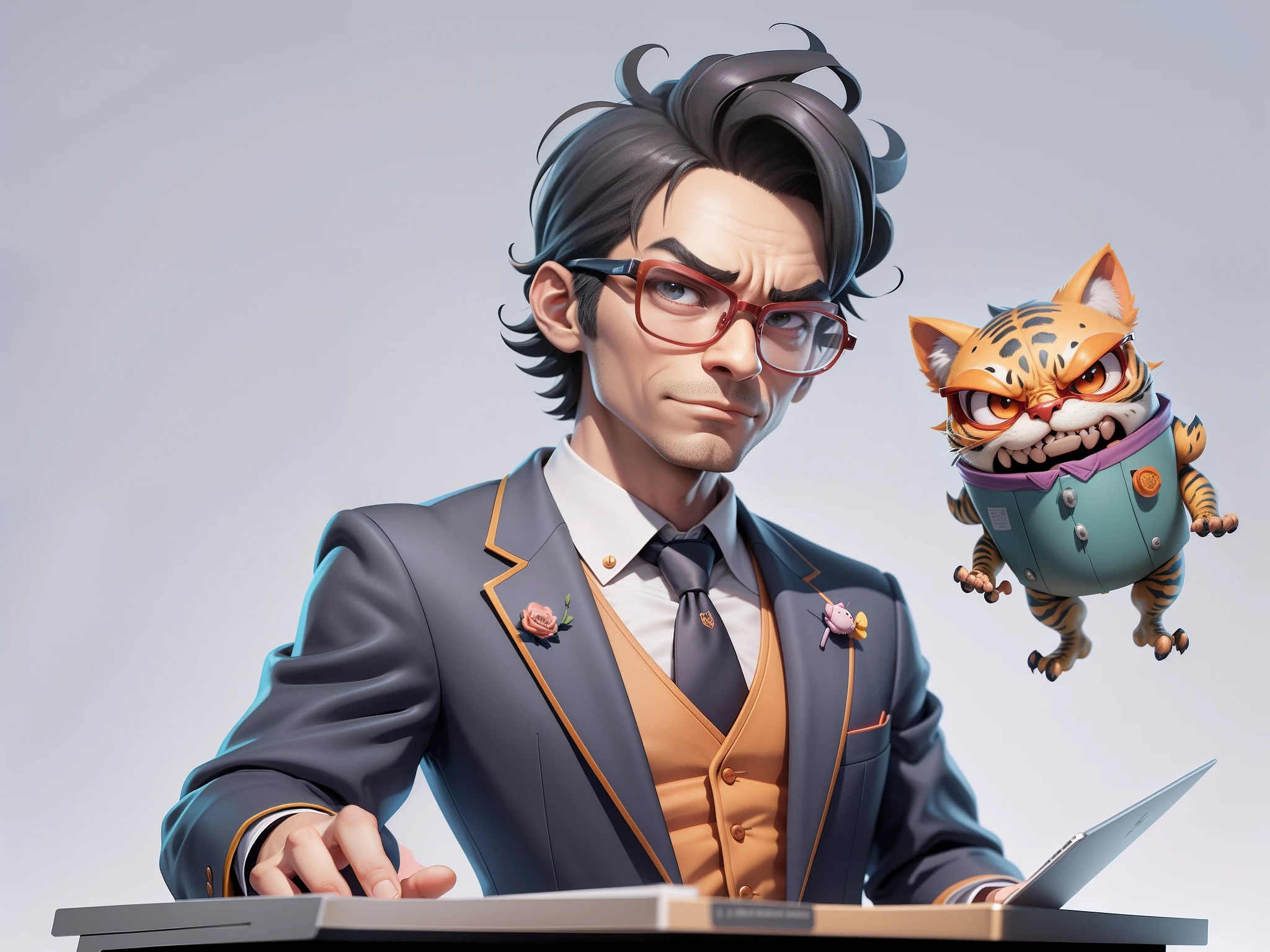 A young man in a suit, Short hair and glasses sat at his desk,holding laptop,digitial painting,tigre,3D character design by Mark Clairen and Pixar and Hayao Miyazaki and Akira Toriyama,4K HD illustration,Very detailed facial features and cartoon-style visuals。