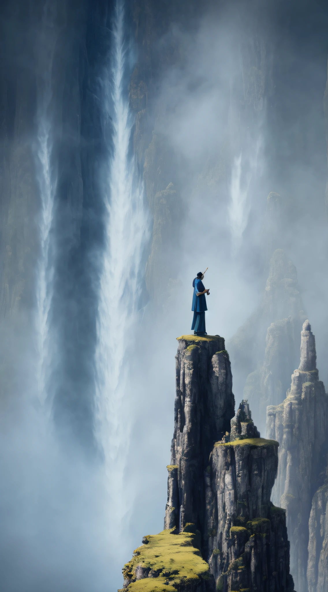There was a man standing on a cliff playing the flute, fantasy movie still, epic cinematic shot, stunning vfx, stunning cinematography, Visually stunning scene, fantasy movie still, Cinematic epic shots, dramatic cinematic shot, 4k movie still, 4 k movie still, epic cinematic matte painting, denis villeneuve cinematography, cinematic widescreen shot, Solitude under the waterfall