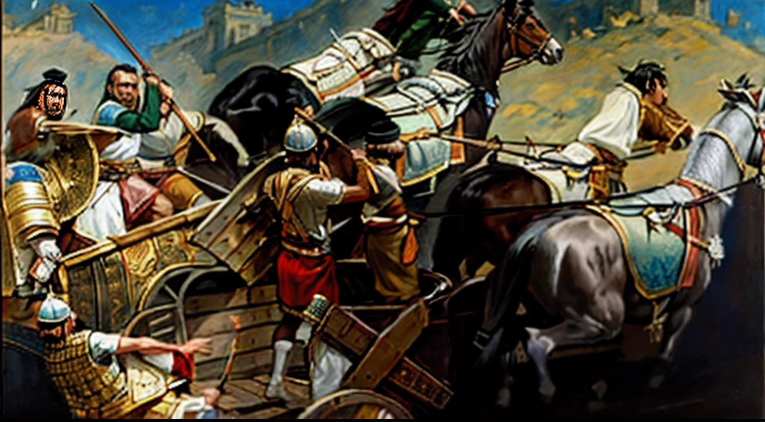 pintura de um grupo de homens montados no lombo de cavalos, trojan war, historical artistic depiction, Batalha distante de Cannae 216 a.C., Award-winning historical painting, hystorical painting, Directed by: Laszlo Balogh, comerciantes em fuga, Jantar de Guerra, history painting, carruagem, artista desconhecido, dramatic artwork, mongolian invasion of iraq, epic biblical representation