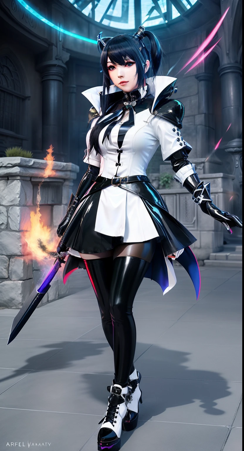 arafed image of a woman in a shiny latex white coat and black latex skirt and leggings, spellcasting pose, twintails white_gloves, 2b, 2 b, final fantasy 14 style, au ra in style of wlop, female rouge assassin, jrpg fashion, mage robe based on a toucan, aura