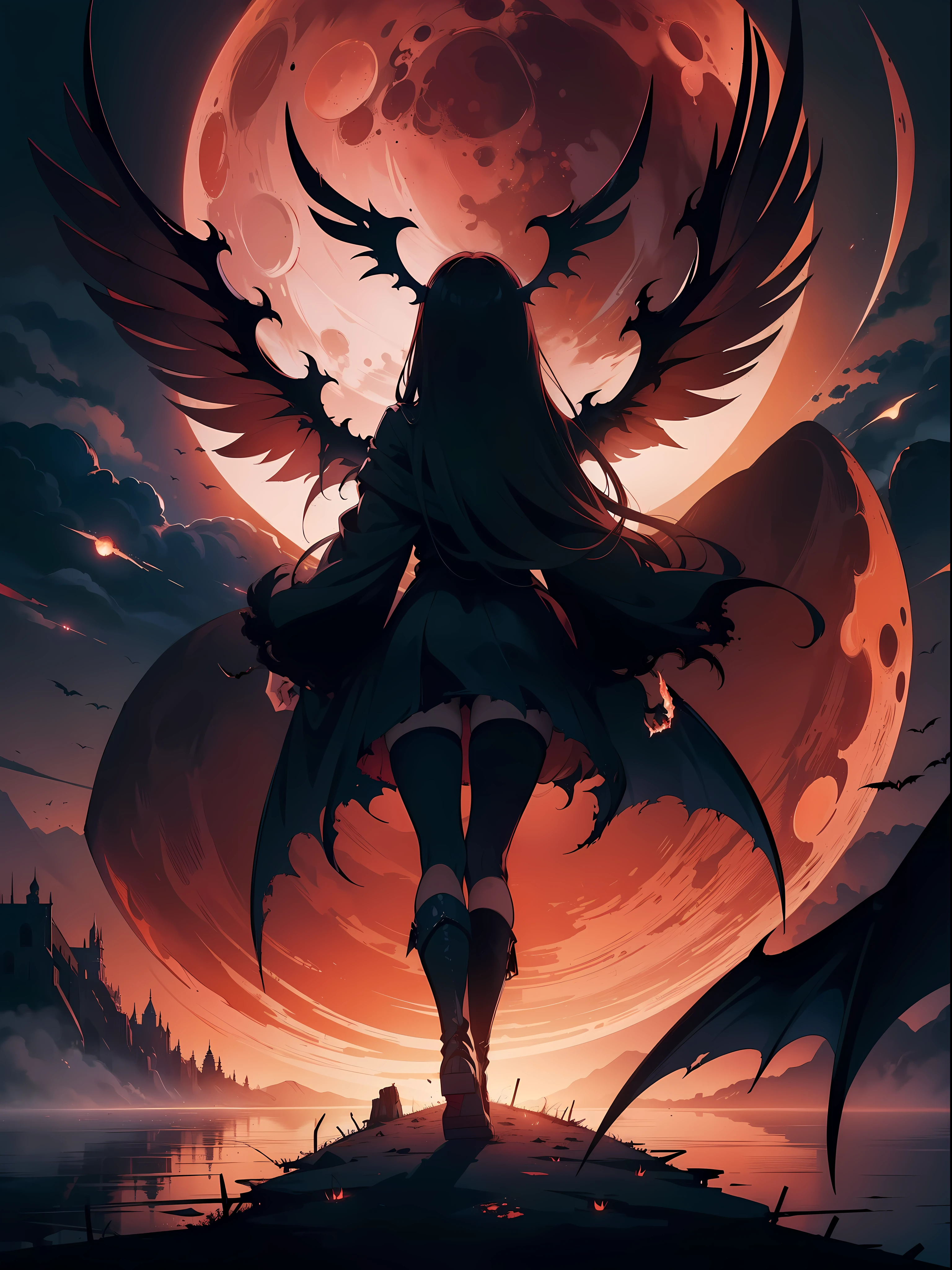 illustration, dark theme, (red moon:1. 2), (night, fog, dystopia, lake, burning hell, despair), long hair, huge wings, robe, legwear, boot, (from away:1. 05), far, wide shot, 16k, UHD, HDR, (Masterpiece:1. 5), (best quality:1. 5),