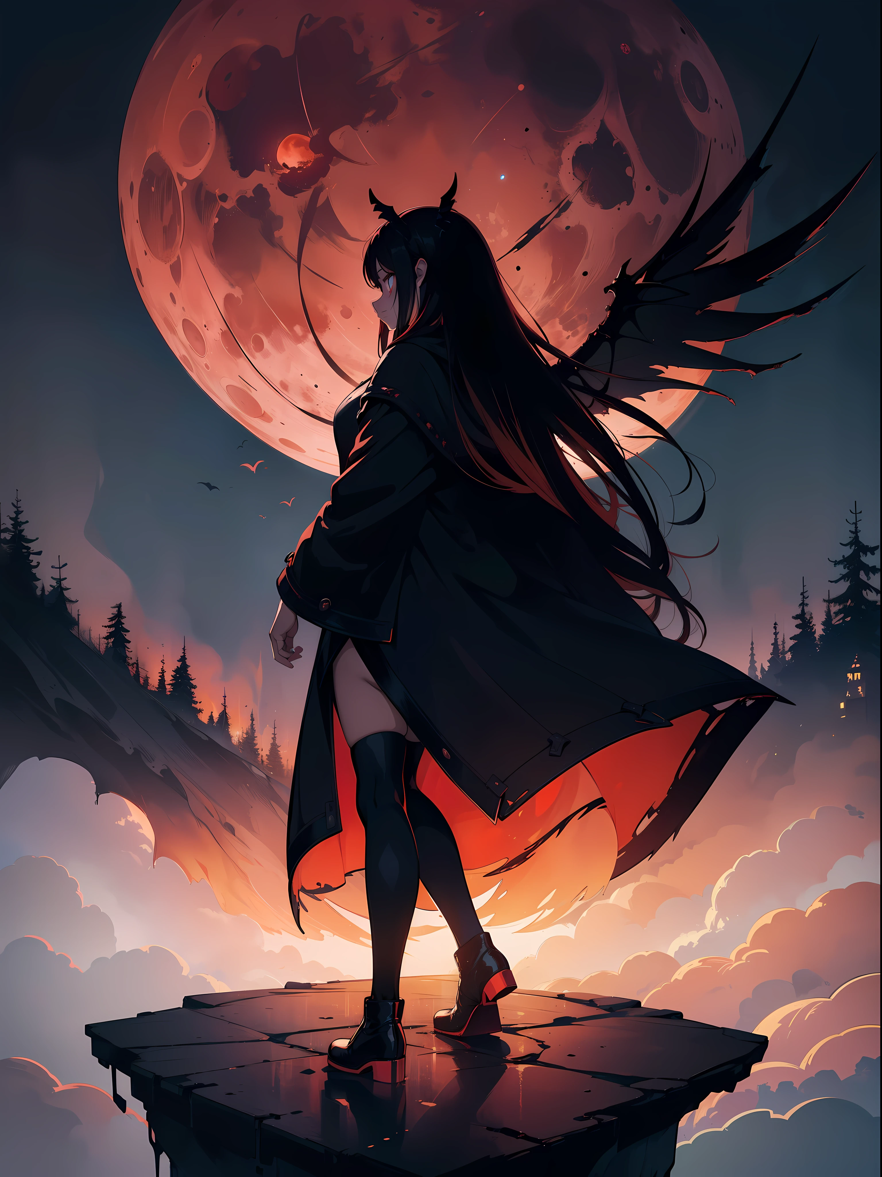 illustration, dark theme, (red moon:1. 2), (night, fog, dystopia, lake, burning hell, despair), long hair, huge wings, robe, legwear, boot, (from away:1. 05), far, wide shot, 16k, UHD, HDR, (Masterpiece:1. 5), (best quality:1. 5),