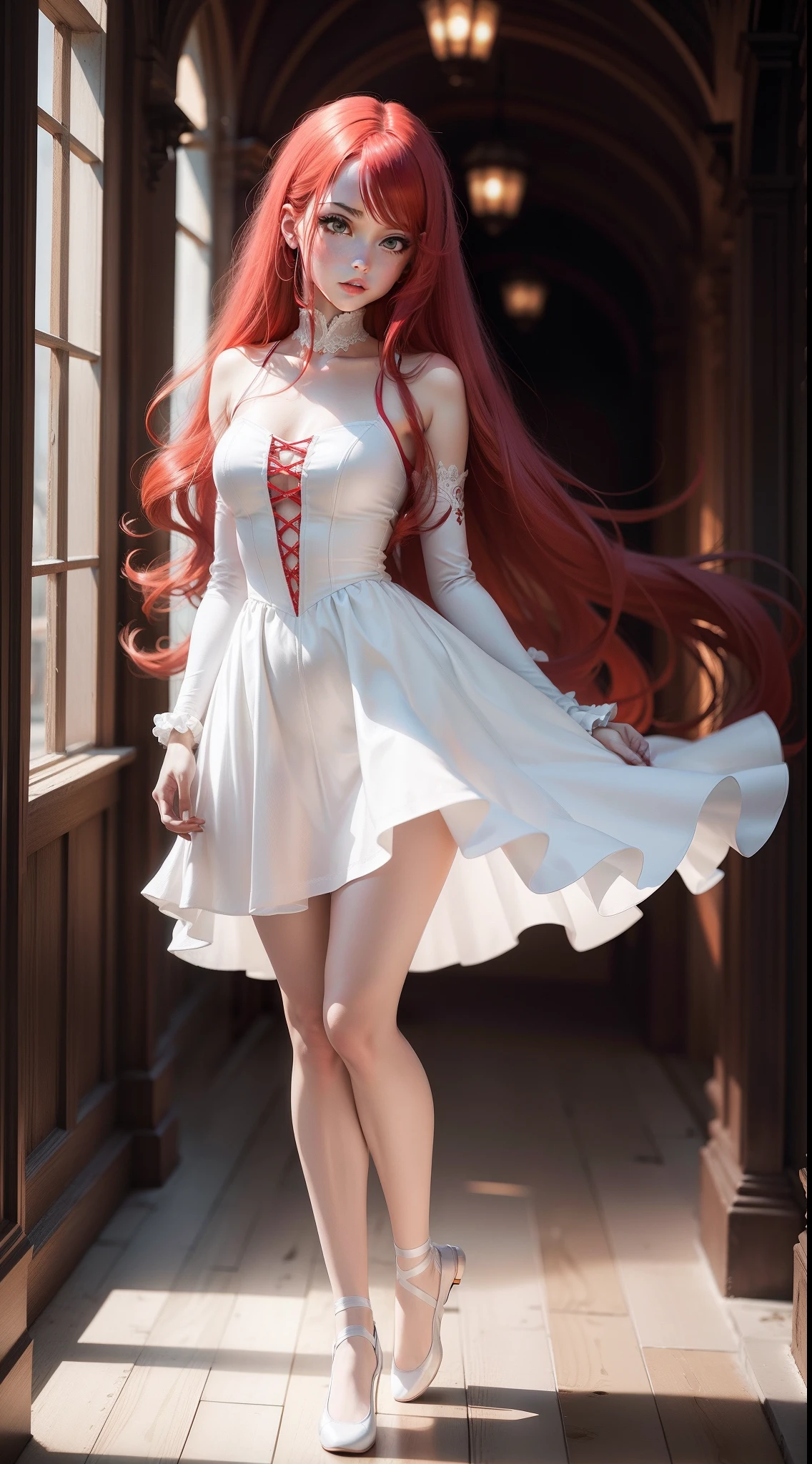 Emo girl with long red hair in a fully white ballerina outfit, full body
