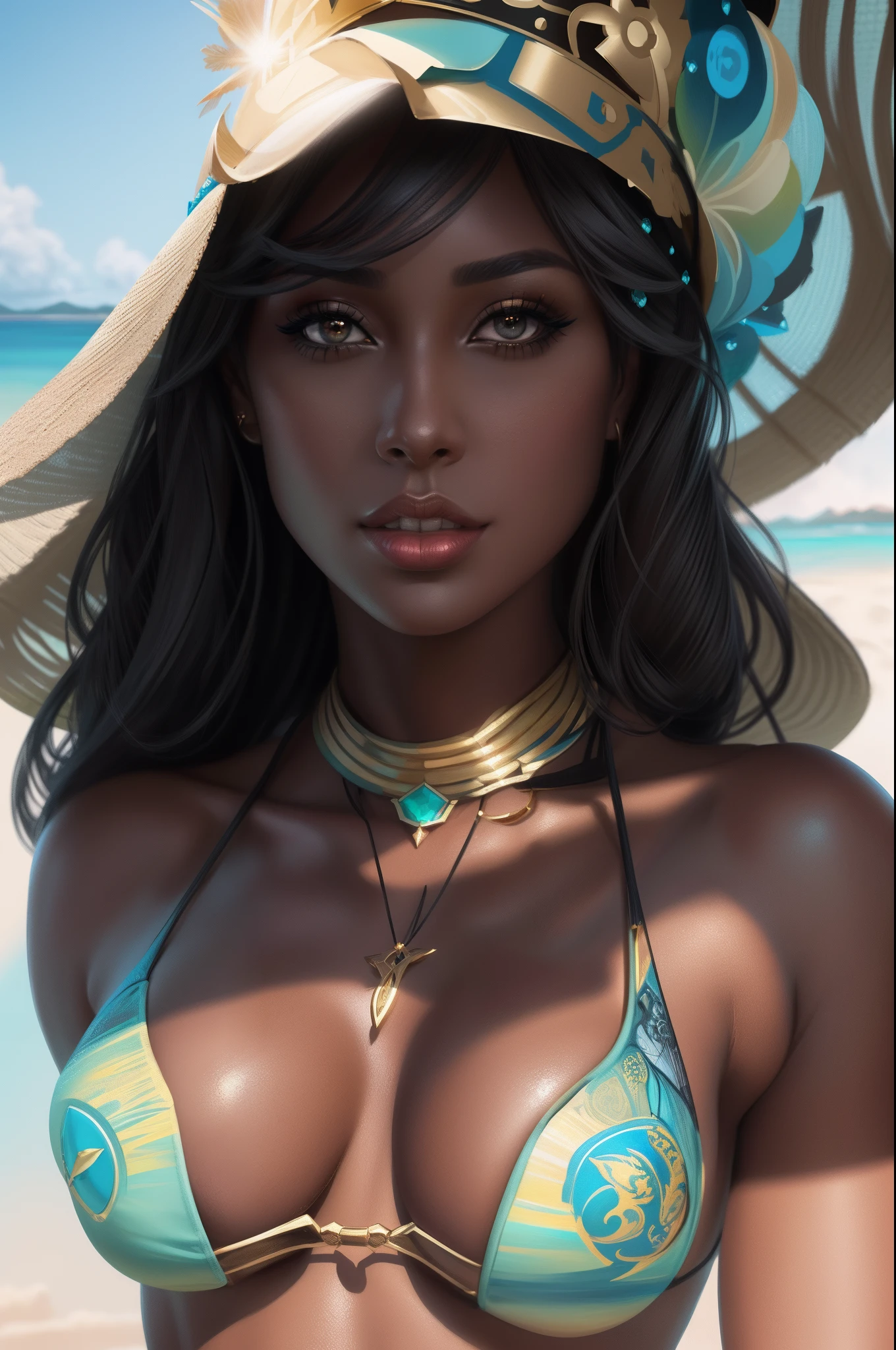 a close up of a woman in a bikini and a hat, deviantart artstation cgscosiety, 8k high quality detailed art, stunning digital illustration, beautiful digital artwork, cgsociety portrait, detailed beauty portrait, digital art. artstation, beautiful digital illustration, intricate wlop, gorgeous digital painting, dark skin female goddess of love, digital fantasy portrait