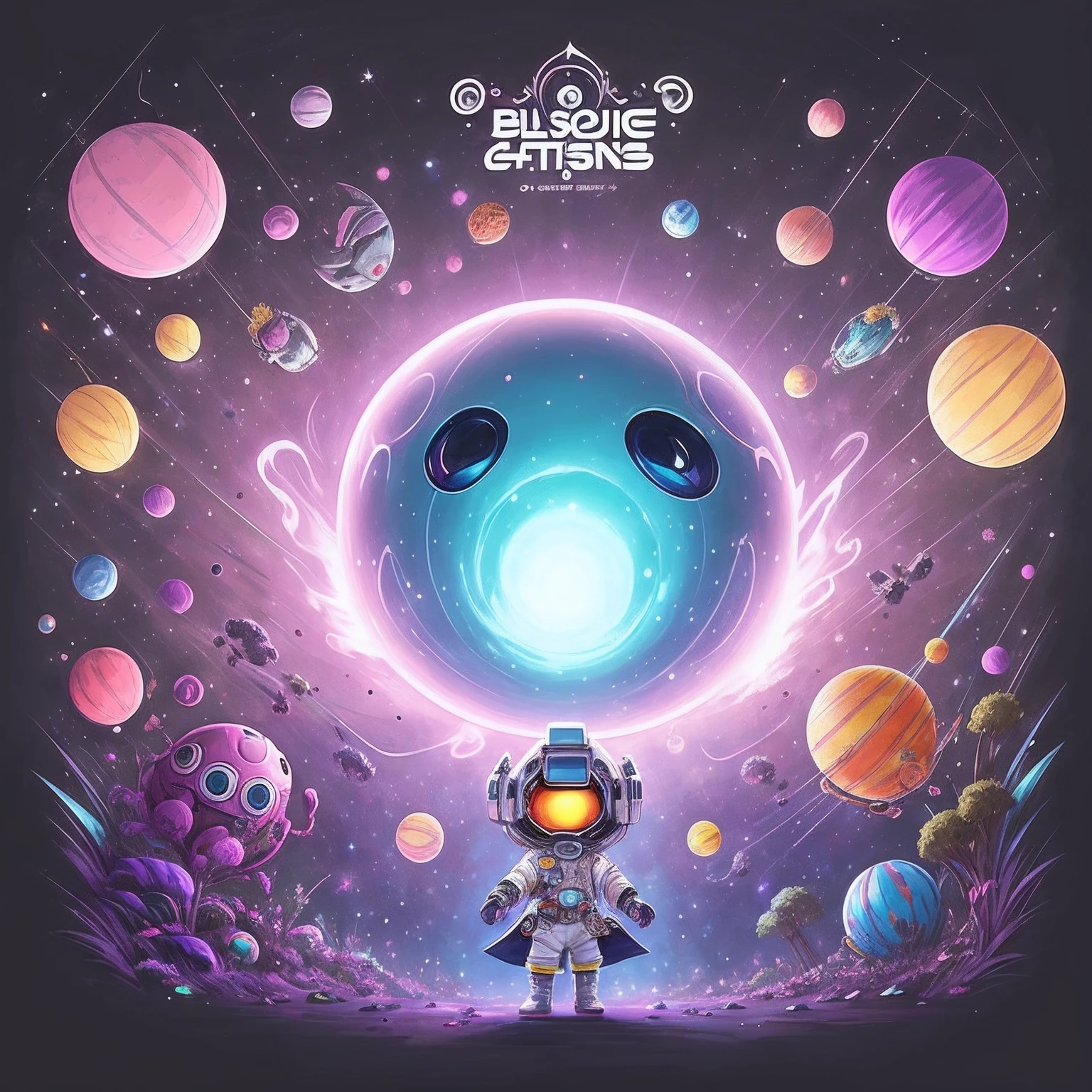 Create an artwork showcasing Orbius at a space carnival on a distant planet. Envision the astronaut in a white spacesuit, interacting with friendly extraterrestrial creatures. The spacesuit's black accents should contrast with the lively pink, yellow, and blue decorations of the carnival. Add glowing stars and colorful fireworks in the sky. Style: Whimsical and lively. Media: Digital collage. Artist Reference: Blend the styles of Camilla d'Errico and Takashi Murakami.