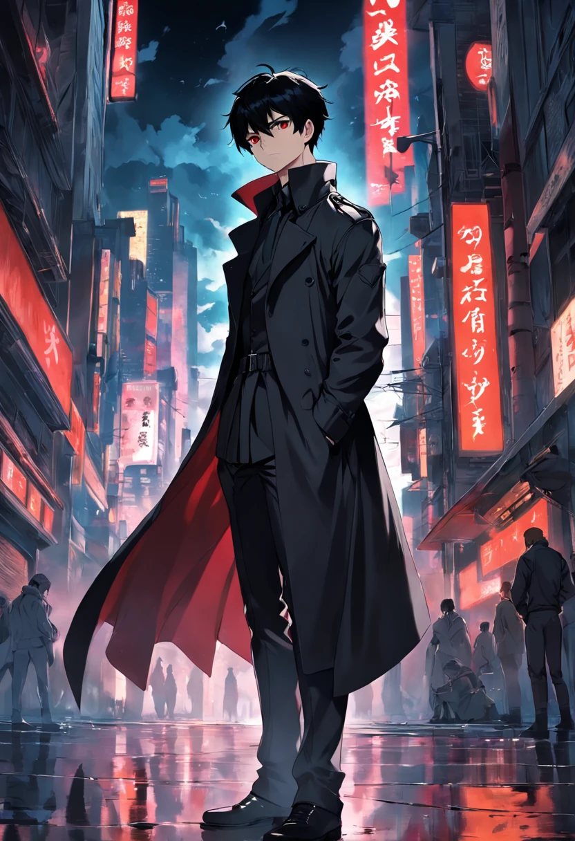 male people,a black trench coat,with short black hair,Crimson eyes,hands crossed,Stand on a tall building,Behind him stood the soul in full armor