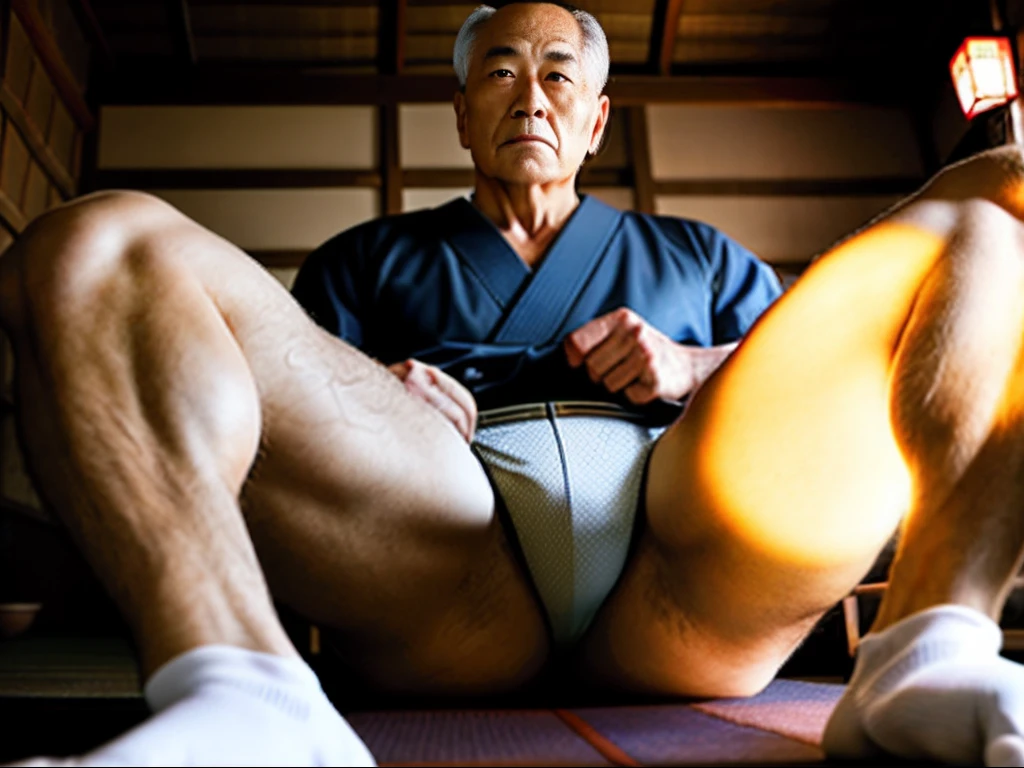 （male people），60 years old，Handsome old man，Samurai clothes，Strong build，No clothing，Reveal sexy panties，In old Japanese houses，On tatami，large bulge，legs are open，The crotch faces the camera，The camera is focused on the crotch，High fidelity，Sexy action，Hands touching the crotch，Wear socks，well-illuminated，Warm lighting