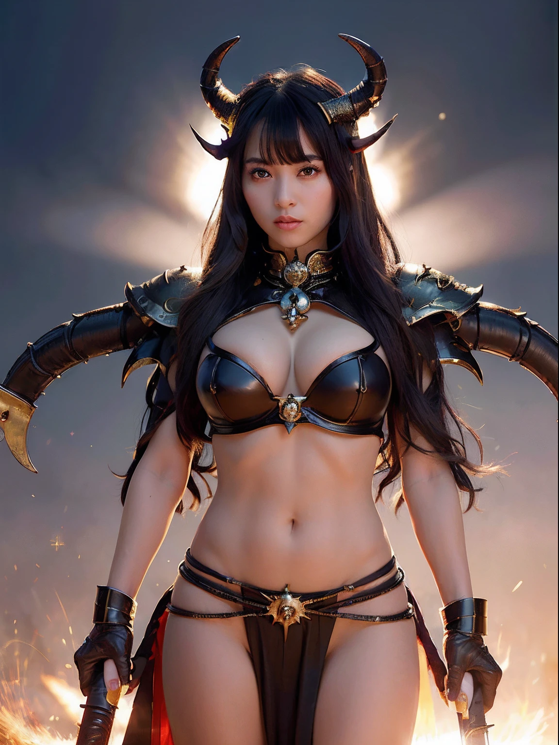 Professional , ​masterpiece、top-quality、photos realistic , depth of fields 、(A dark-haired) 、（Gemstone White Metal Body:1.4),(Matte Black、Jewel Gold Weapon,Gorgeous metal weapons ,Particles of light、（Fight dragons）、（Black wings）、Mystical expression、（（maikurobikini））、（（ Detailed and gorgeous sword of the brave）） ,Light Effects、intense fighting、Wind-effect、magic circles、 (A dark-haired)   ,Detail and ornate jewel crown、With the legendary magic wand、Dragon's tail、explosions、（（maikurobikini））、（（Gangle's forest background））、Beautiful Caucasian beauty、１a person、dynamic ungle,(((Details of the two demon horns on the head)))、Smaller head、A smile、Background inside the castle、Thin and beautiful female hands、cleavage of the breast、Soldier in iron armor on background、Mystical expression、Light Effects、Wind-effect、With the legendary magic wand、（wingspan）、Toostock、Anatomically correct body、
