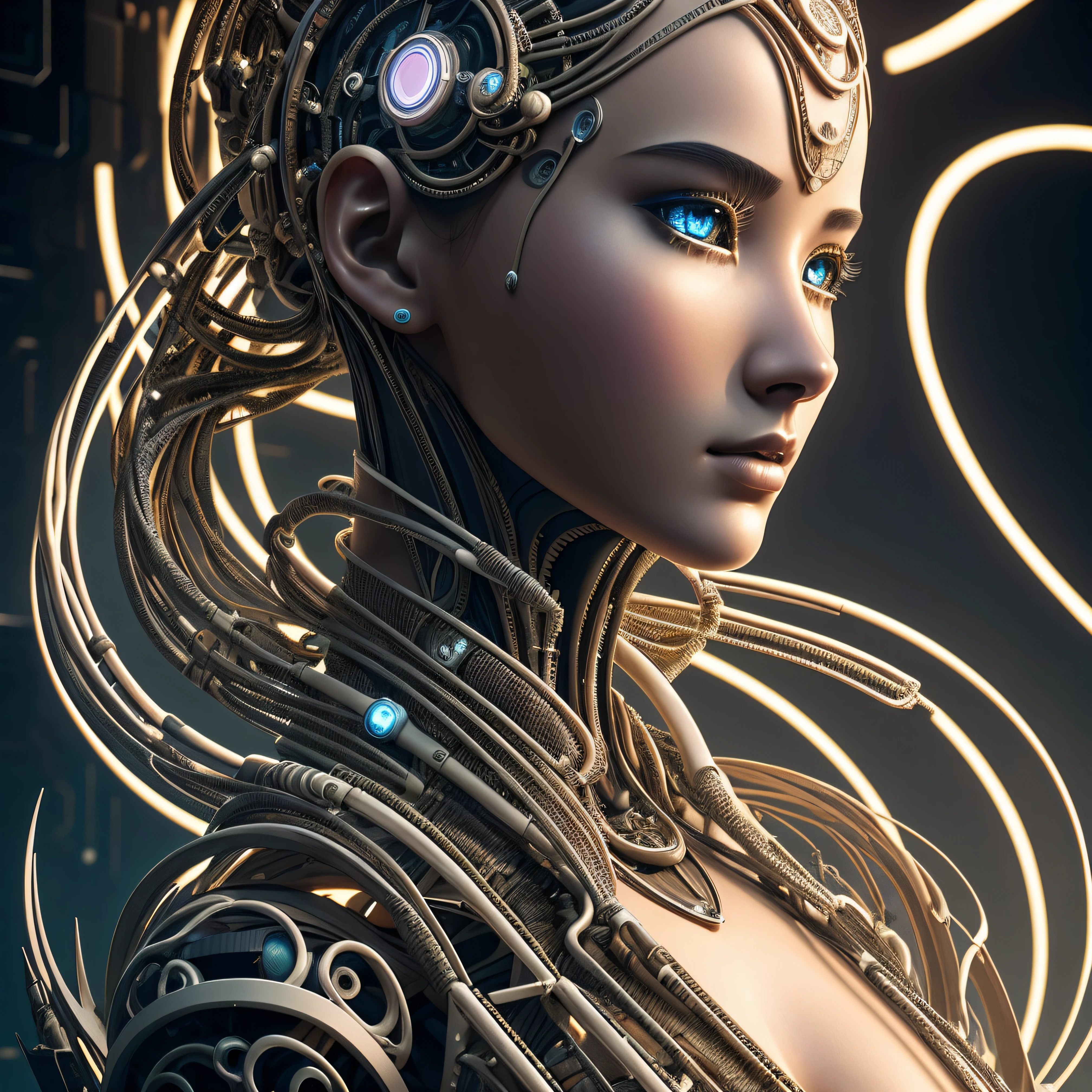 Create a visual masterpiece that transcends reality with a highly detailed 3D rendering of an enchanting ceramic silhouette female robot. Combine elements of cyberpunk and elegance in this mesmerizing portrayal. Craft her face with intricate ceramic textures, portraying both fragility and strength. Adorn her form with biopunk-inspired elements—cables, wires, and microchips—interwoven seamlessly into her design. Surround her with a surreal, beautiful background, radiating fluorescent regions. Utilize Octane rendering to bring out the fine nuances of her intricate features, and ensure the final image is an 8K wallpaper that captures the delicate beauty of the fusion between human-like aesthetics and cybernetic marvels.