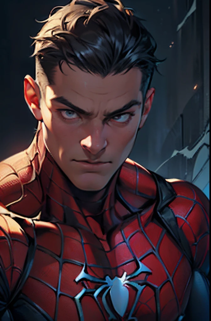 Masterpiece, Best quality, 1 person beautiful, tall muscular face, Broad shoulders, finely detailed  eyes and detailed face, Extremely detailed CG unit wallpaper, Intricate details, Short hair, Use Spider-Man costumes,, 8K, the wallpaper, offcial art, Ultra detailed, Beautiful and aesthetic.