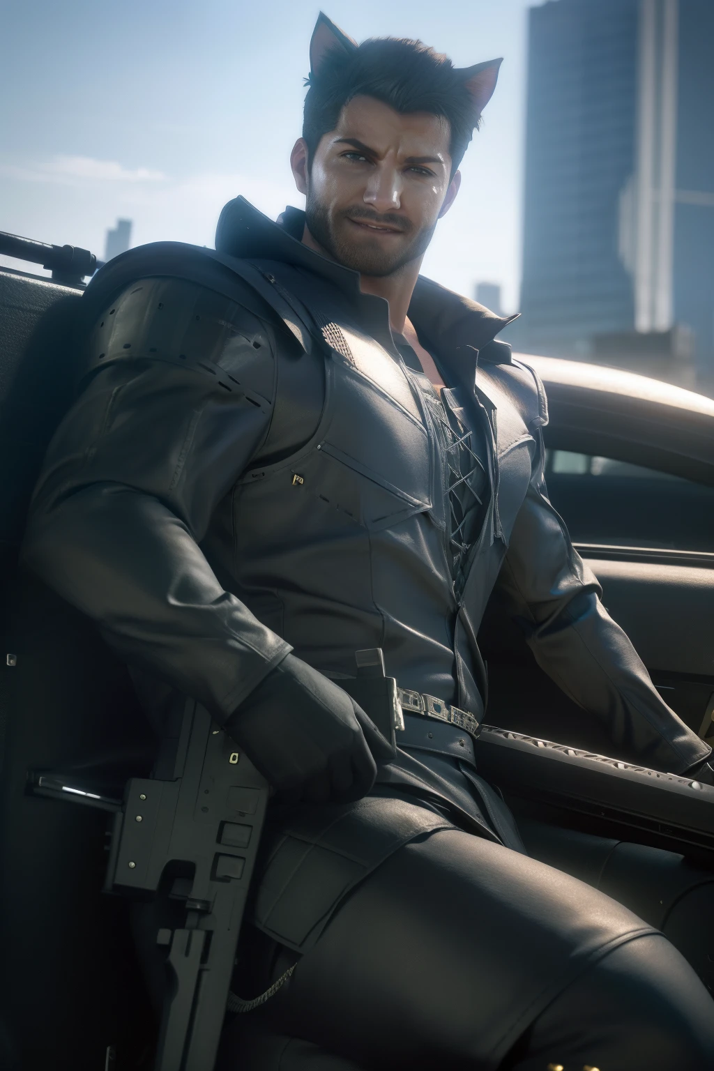 anthro cat, black SWAT outfit, detailed dark mascara, perfect skin, smiling, he is on the side of an Armored SWAT car, in a city, he is heavily armed with a rifle, rule of thirds, high quality background, ultra detailed scenery, ultra sharp focus, detailed dark mascara, perfect professional photo