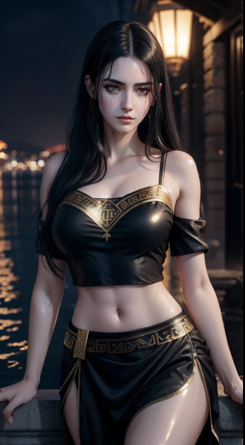(A beautiful 25 years old female Greek maiden:1.2), (wet long black hair:0.9), (pale skin), (detailed oily and sweaty skin:1.2), (serious face), (wearing black colored revealing Greek maiden outfit with golden ornate), (waist up shot:1.2), (temple at night with candles:1.1), view from front, dynamic pose, (chiaroscuro lighting:0.8), photo realism, intricate face detail, intricate hand details, highly detailed, vibrant colors, cinematic, 8k, trending on Artstation--style raw