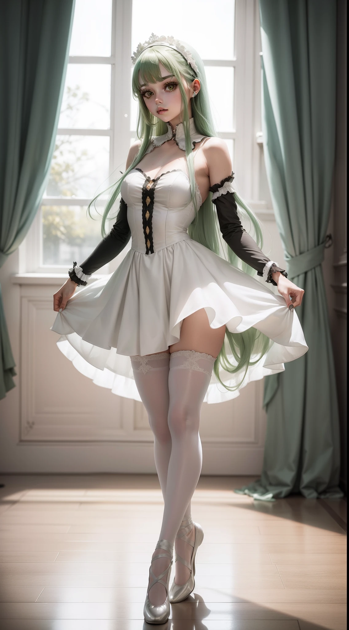 Emo girl with long green hair in a fully white ballerina outfit, full body