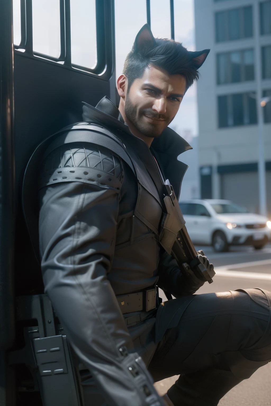 anthro cat, black SWAT outfit, detailed dark mascara, perfect skin, smiling, he is on the side of an Armored SWAT car, in a city, he is heavily armed with a rifle, rule of thirds, high quality background, ultra detailed scenery, ultra sharp focus, detailed dark mascara, perfect professional photo