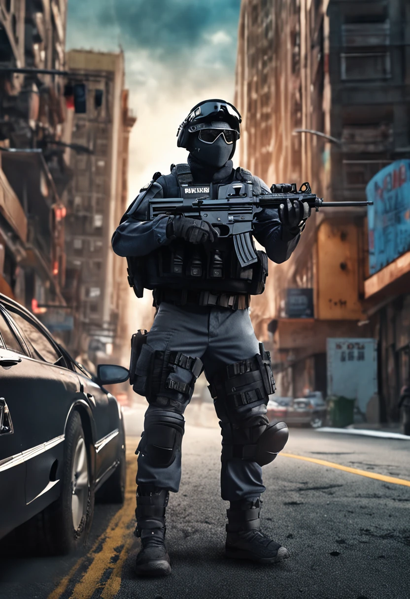 anthro cat, black SWAT outfit, detailed dark mascara, perfect skin, smiling, he is on the side of an Armored SWAT car, in a city, he is heavily armed with a rifle, rule of thirds, high quality background, ultra detailed scenery, ultra sharp focus, detailed dark mascara, perfect professional photo