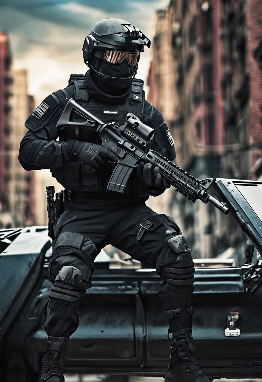 anthro cat, black SWAT outfit, detailed dark mascara, perfect skin, smiling, he is on the side of an Armored SWAT car, in a city, he is heavily armed with a rifle, rule of thirds, high quality background, ultra detailed scenery, ultra sharp focus, detailed dark mascara, perfect professional photo