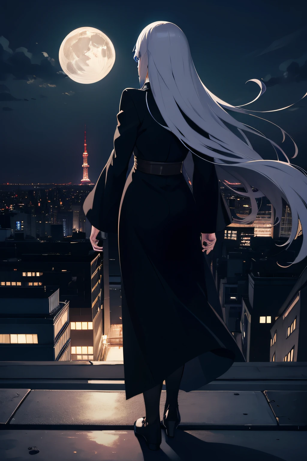book back cover, night, moon, assassin, tokyo city, rooftops, dark, shadows, tall woman standing, only her back, wind in hair, long silver hair