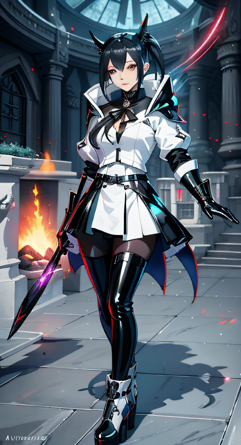arafed image of a woman in a shiny latex white coat and black latex skirt and leggings, spellcasting pose, twintails white_gloves, 2b, 2 b, final fantasy 14 style, au ra in style of wlop, female rouge assassin, jrpg fashion, mage robe based on a toucan, aura