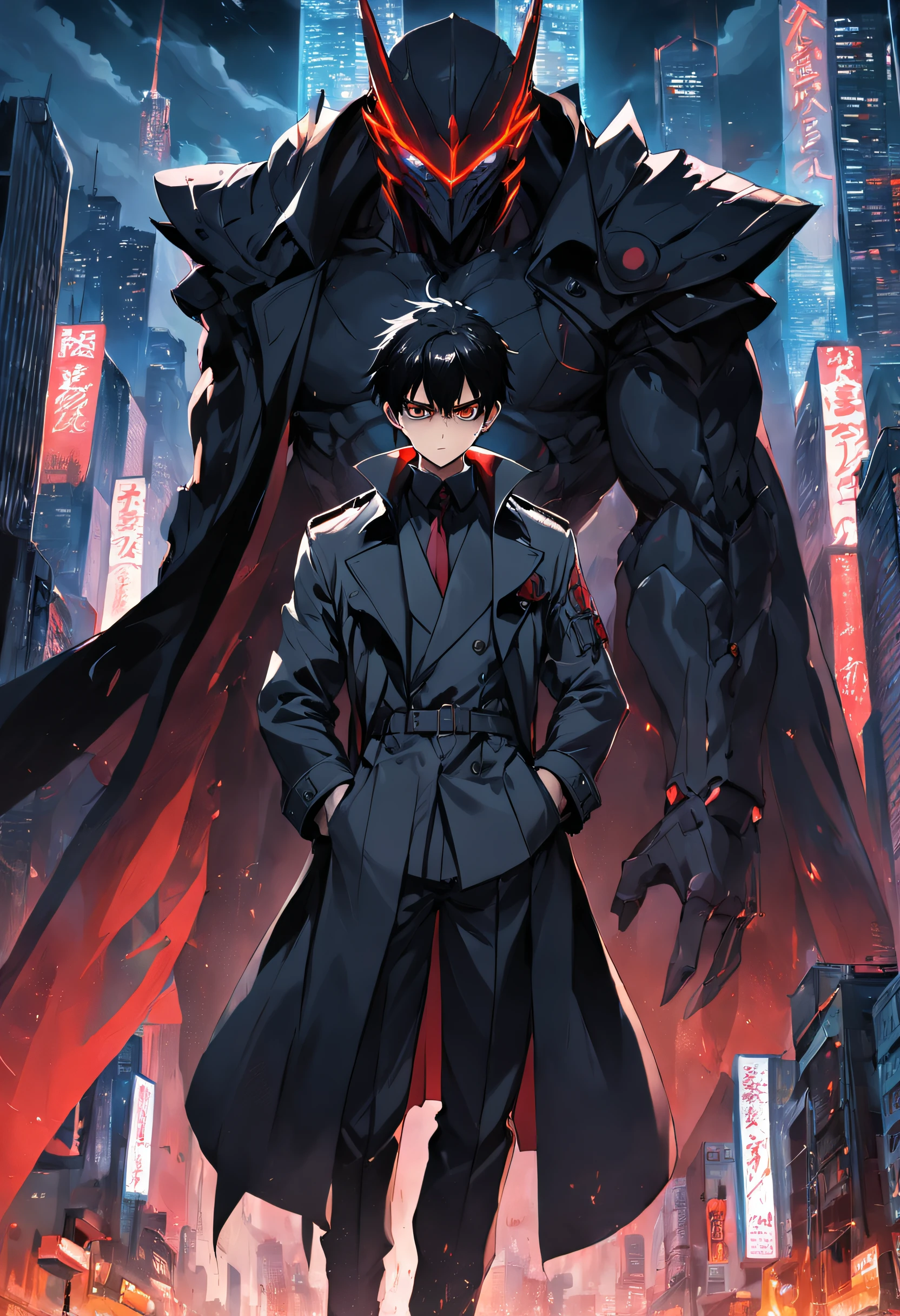male people,a black trench coat,with short black hair,Crimson eyes,hands crossed,Stand on a tall building,Behind him stood the soul in full armor