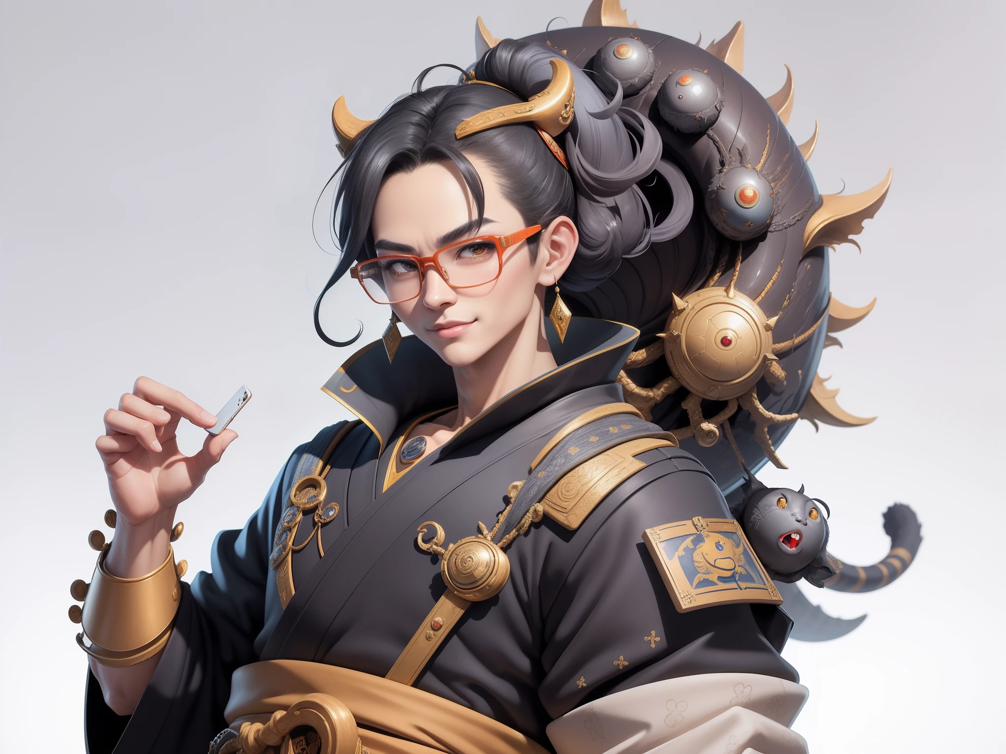 (Masterpiece), (Excellent), (Super Meticulous), (Full Body: 1.2), Super Young Man with Japanese Female Geisha, Pretty, Beautiful, Chinese Dragon, Tiger, Wind God Thor, Sexy, Bursting, Oriental Face, TV Anchor, Bust Portrait Illustration, Black Suit, Blue Tie, Slightly Chubby Face, Silver Glasses, Very Clean Face, No Beard on Chin, Black Super Short Hair, Black Eyes, Confident Smile, 3c Computer Sub-Products, iPad, iPhone, Digital Painting, 3D character design by Mark Clairedon and Pixar and Hayao Miyazaki and Akira Toriyama, the illustrations are HD illustrations in 4K resolution with highly detailed facial features and cartoon-style visuals.
