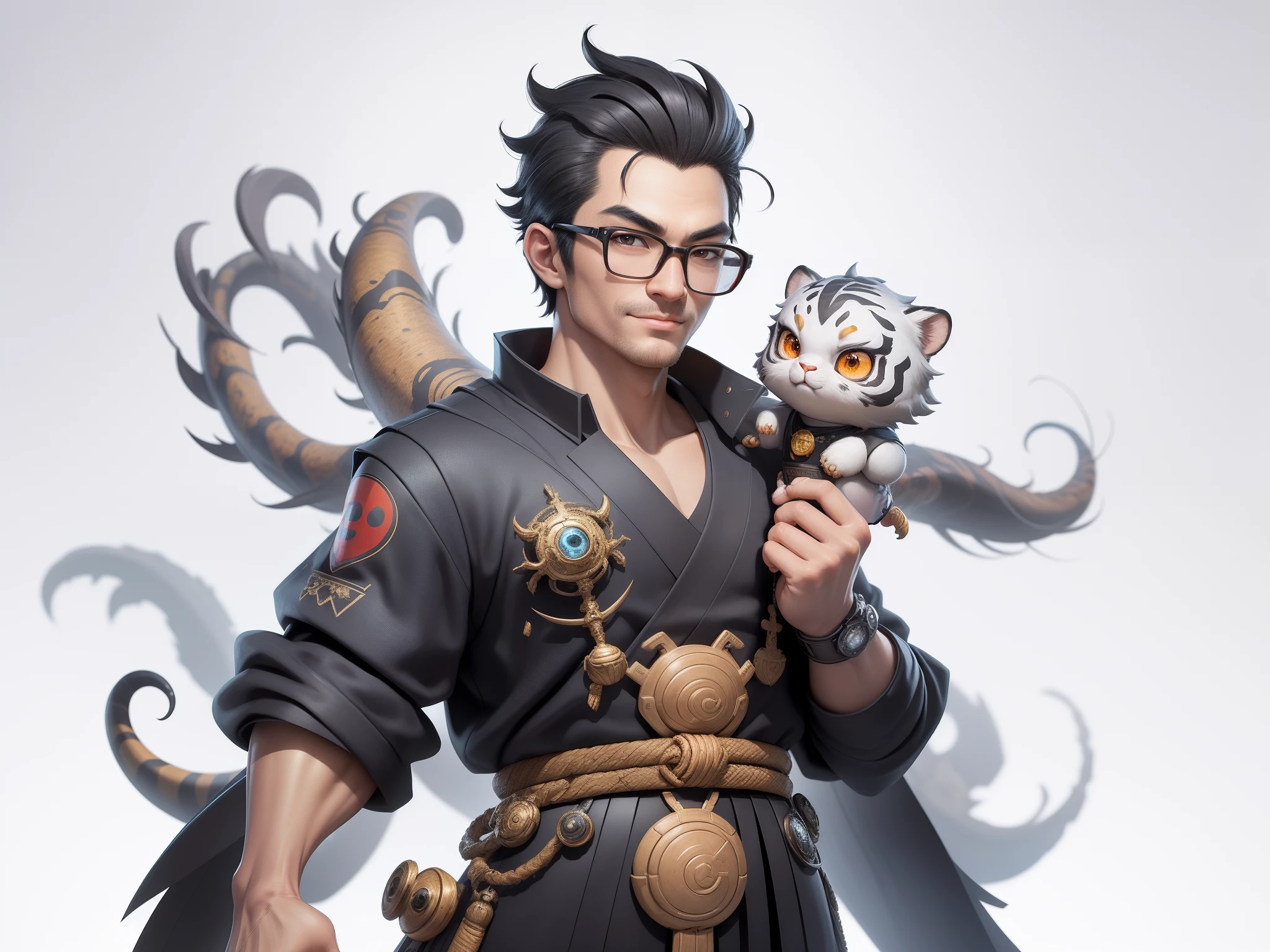 (Masterpiece), (Excellent), (Super Meticulous), (Full Body: 1.2), Super Young Man with Japanese Female Geisha, Pretty, Beautiful, Chinese Dragon, Tiger, Wind God Thor, Sexy, Bursting, Oriental Face, TV Anchor, Bust Portrait Illustration, Black Suit, Blue Tie, Slightly Chubby Face, Silver Glasses, Very Clean Face, No Beard on Chin, Black Super Short Hair, Black Eyes, Confident Smile, 3c Computer Sub-Products, iPad, iPhone, Digital Painting, 3D character design by Mark Clairedon and Pixar and Hayao Miyazaki and Akira Toriyama, the illustrations are HD illustrations in 4K resolution with highly detailed facial features and cartoon-style visuals.