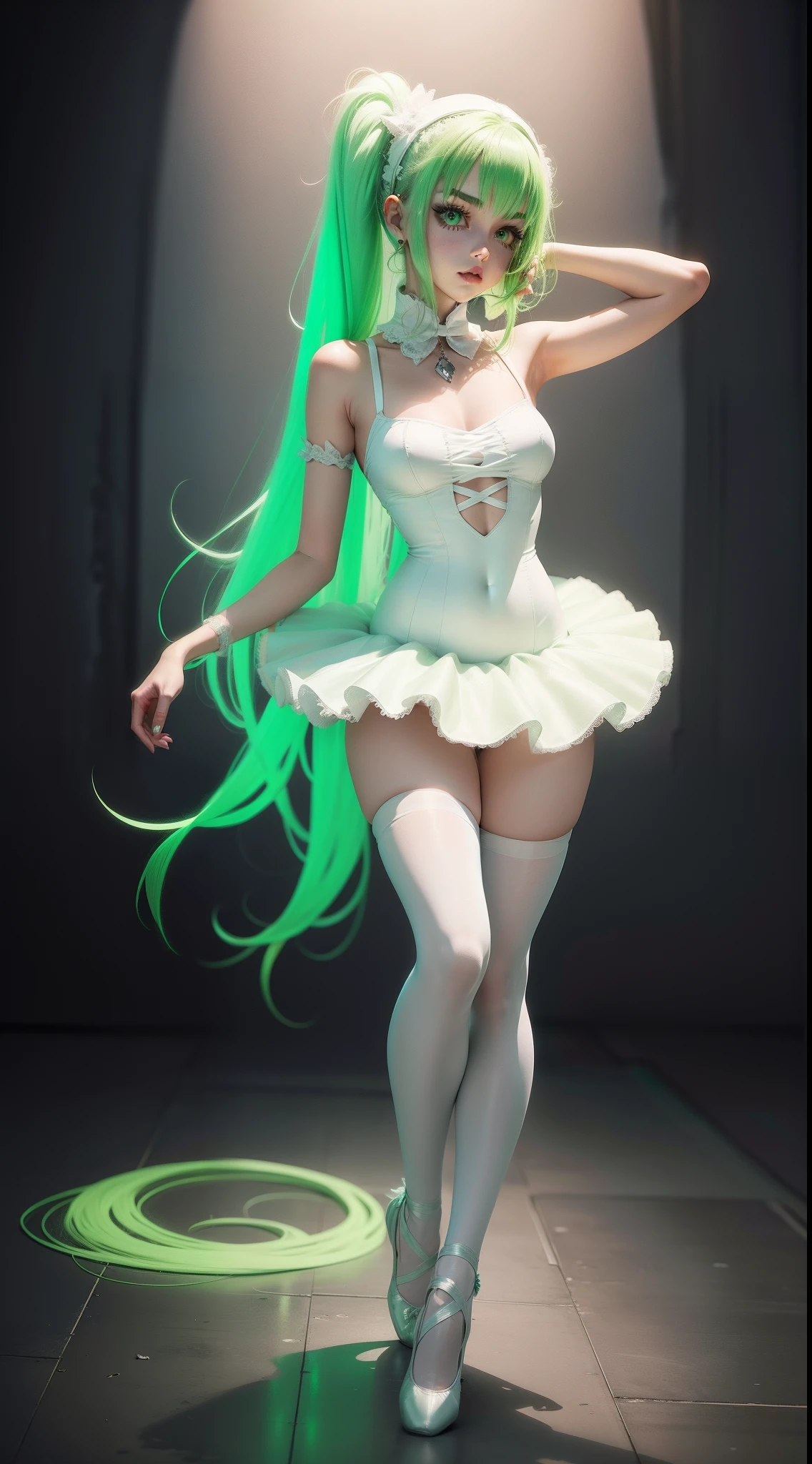 Emo girl with long neon green hair in a fully white ballerina outfit, full body