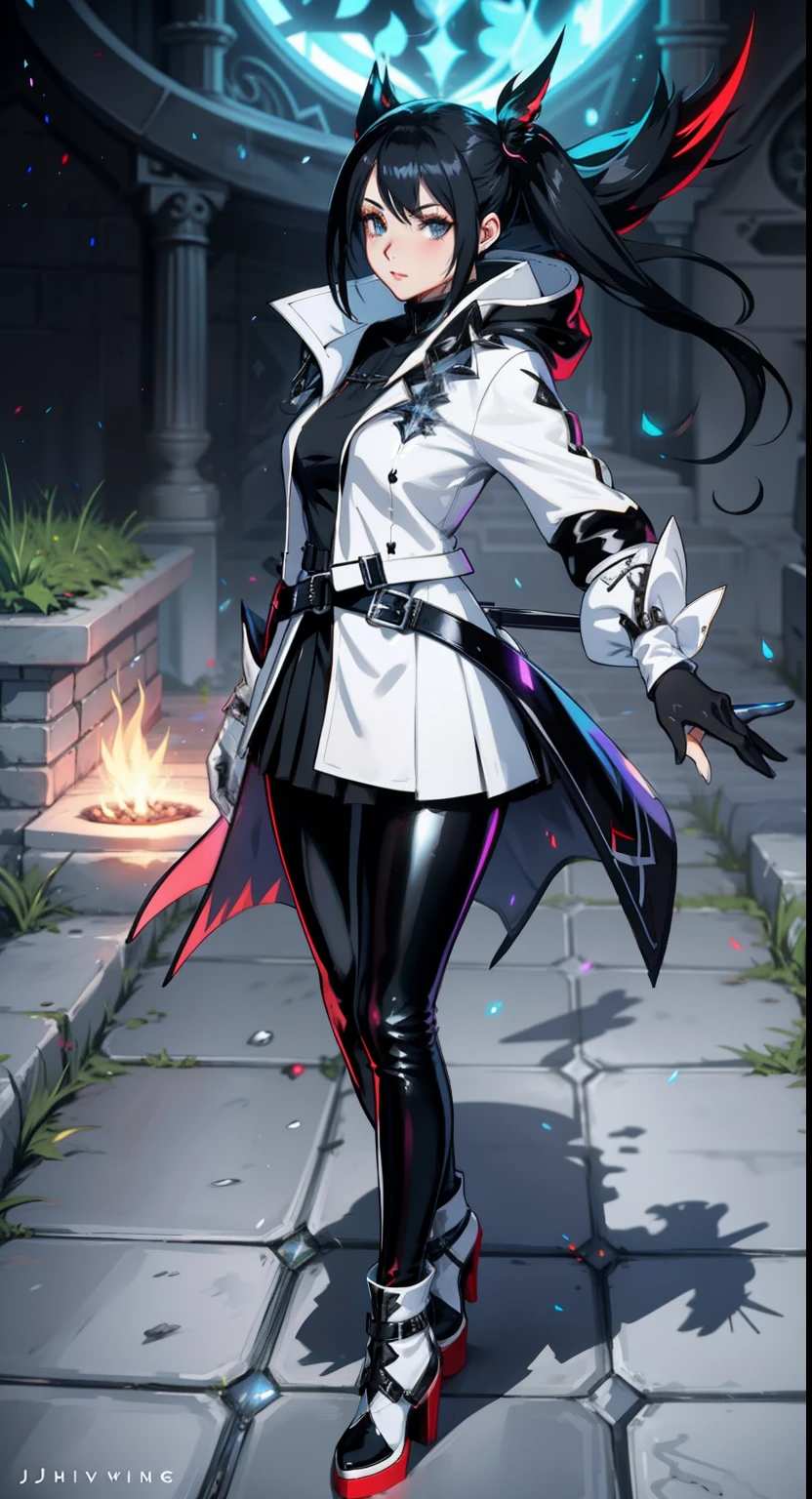 arafed image of a woman in a shiny latex white coat and black latex skirt and leggings, spellcasting pose, twintails white_gloves, 2b, 2 b, final fantasy 14 style, au ra in style of wlop, female rouge assassin, jrpg fashion, mage robe based on a toucan, aura