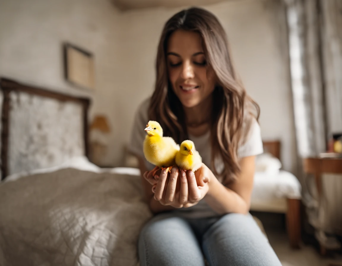 Por favor, crie uma imagem que retrate uma cena dentro de um quarto bem iluminado, where a young woman of 20 years is gently holding a small yellow chick in her hand. His expression is one of extreme surprise, com a boca nitidamente completamente aberta e os olhos totalmente arregalados e abertos. The image should be of ultra-high quality (8k) para capturar todos os detalhes e ser uma verdadeira obra-prima (1.2 of artistic quality). The representation should be realistic and photo-realistic (1.37) para dar vida aos elementos, enfatizando o tamanho pequeno e a cor amarela vibrante do pintinho. I want the image to be ultra-detailed to highlight each feature.

Na cena, The young woman will be standing in the room, with his expression of surprise being the central focus. The soft and diffuse lighting in the room will enhance both the woman and the chick. I would like the atmosphere to convey a sense of wonder and excitement.

The young woman will have a realistic representation, with detailed facial features that express their shock. Your eyes will be intensely open and wide, and your mouth will be clearly wide open, showing your genuine surprise. She will wear comfortable clothes suitable for the home environment. Your hair will be short and stylized in a subtle way. The representation of the young woman will be full-body, emphasizing every detail in a natural and artistic way."