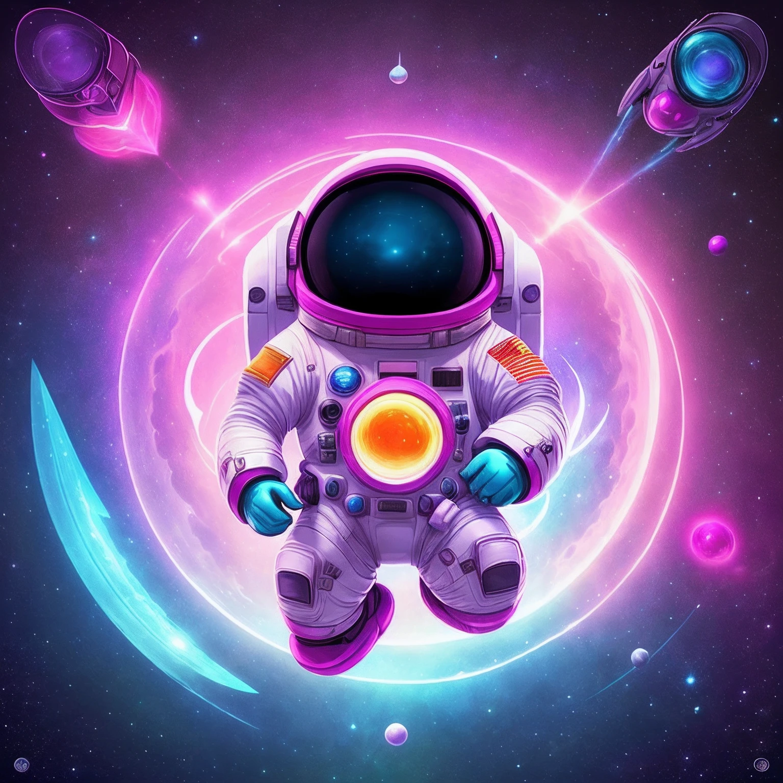 Design an album cover featuring Orbius's cosmic odyssey. Imagine the cartoon astronaut in a white spacesuit, riding a rocket through a starry sky filled with shades of pink, yellow, and blue. The spacesuit's black details should add a sense of depth. Incorporate elements of retro-futurism, with a touch of geometric abstraction in the background. style: pixar cartoon