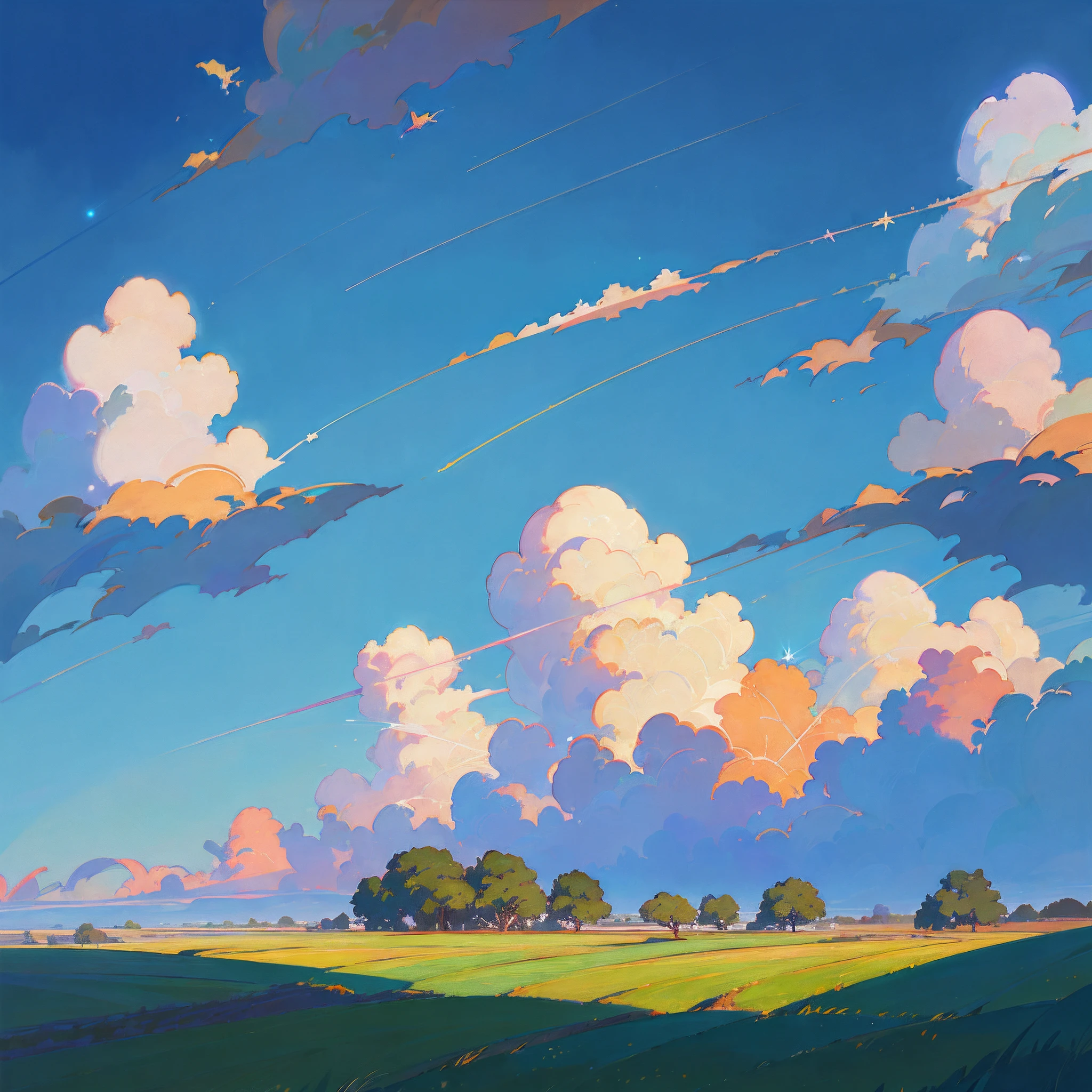 there is a painting of a plane flying over a green field, anime countryside landscape, in style of makoto shinkai, cosmic skies. by makoto shinkai, makoto shinkai. —h 2160, inspired by Makoto Shinkai, style of makoto shinkai, ( ( makoto shinkai ) ), anime landscape