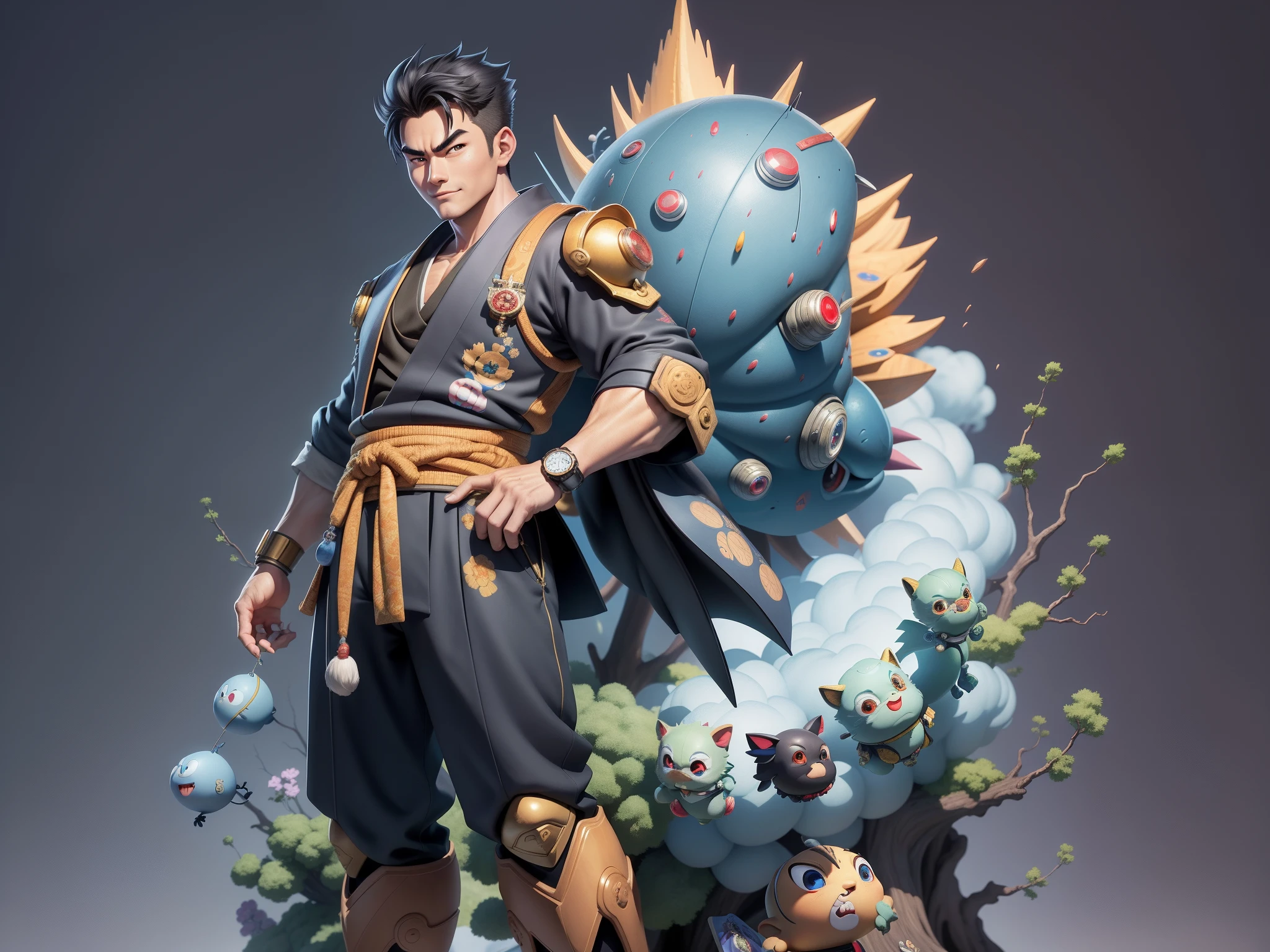 (Masterpiece), (Excellent), (Super Meticulous), (Full Body: 1.2), Super Young Man, Oriental Face, Japanese Kimono, Japanese Wind Thunder God, Dragon, Tiger, TV Anchor, Bust Portrait Illustration, Alone, Black Suit, Blue Tie, Slightly Chubby Face, Very Clean Face, No Beard, Black Super Short Hair, Black Eyes, Confident Smile, 3c Computer Sub-Products, iPad, iPhone, Digital Painting, 3D Character Design by Akira Toriyama and Mark Claireden and Pixar and Hayao Miyazaki, The illustration is a high-definition illustration in 4K resolution with very detailed facial features and cartoon-style visuals.