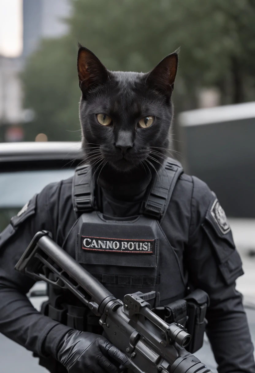 anthro cat, black SWAT outfit, detailed dark mascara, perfect skin, smiling, he is on the side of an Armored SWAT car, in a city, he is heavily armed with a rifle, rule of thirds, high quality background, ultra detailed scenery, ultra sharp focus, detailed dark mascara, perfect professional photo