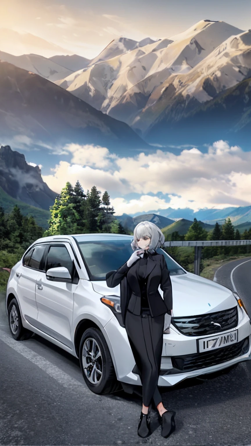there is a woman standing next to a white car on the road, taken with sony alpha 9, with mountains in the background, on a road, in a scenic background, hills in the background, in front of a forest background, standing in road, taken with sony a7r camera, front profile!!!!, without helmet, with mountains in background