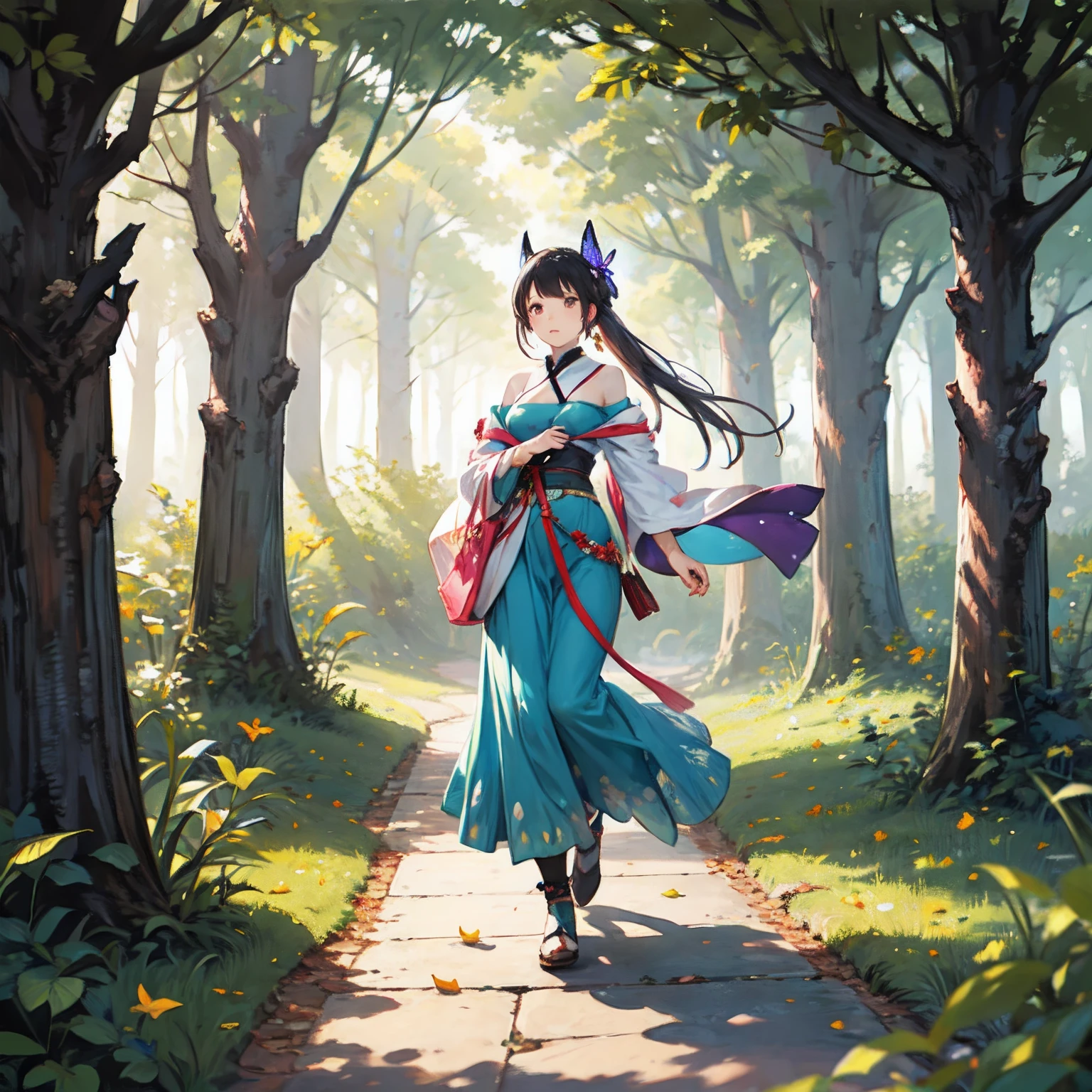 A beautiful girl walking in the wild forest, butterfly and falling leaves and flowers tail. --auto